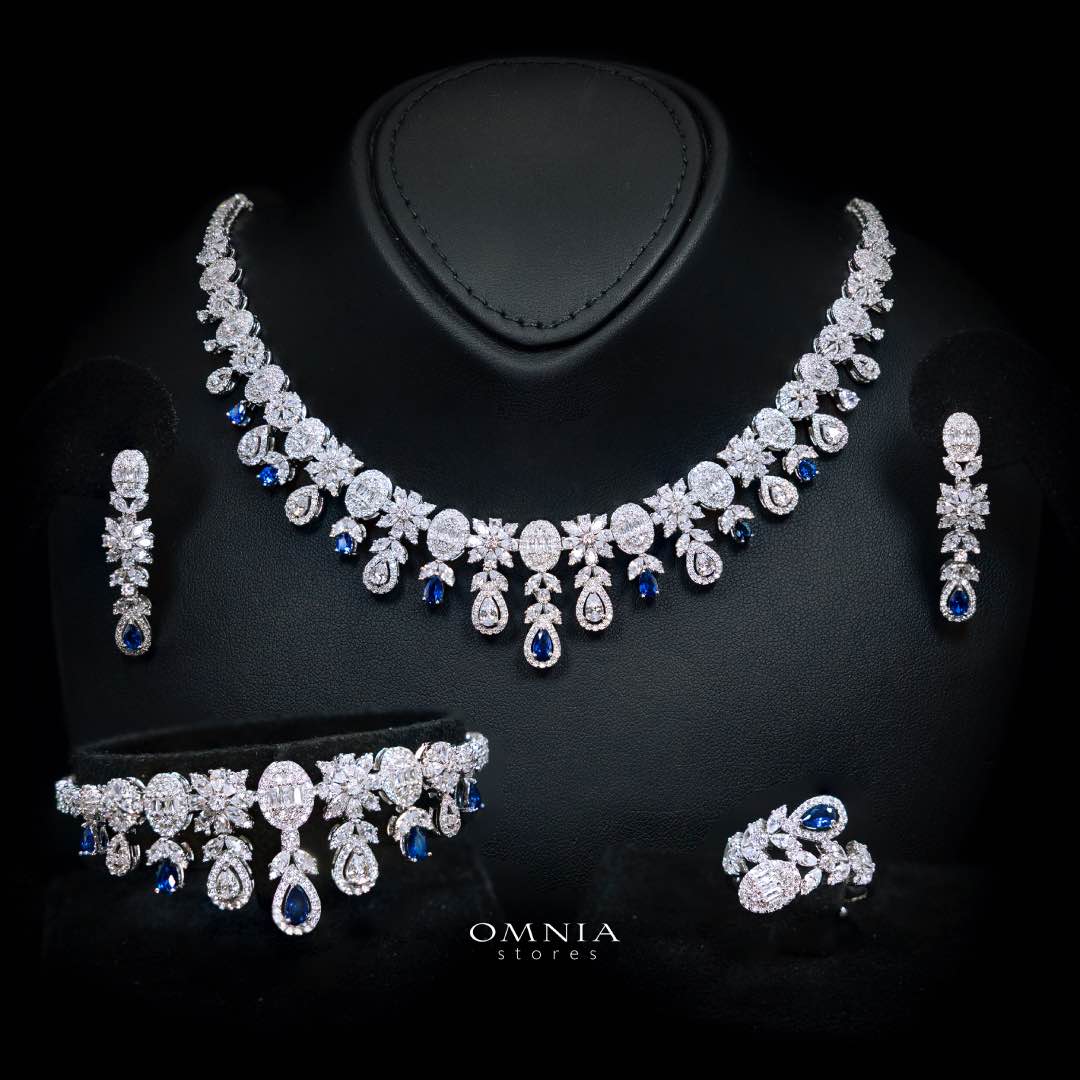 Omnia Trisha Blue Bridal Full Set Accessories in High Quality Zircon Stone Rhodium Plated