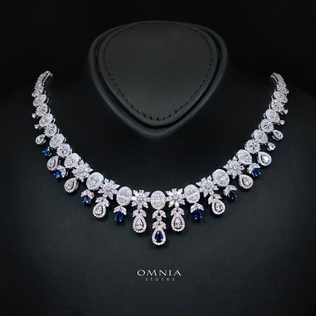 Omnia Trisha Blue Bridal Full Set Accessories in High Quality Zircon Stone Rhodium Plated
