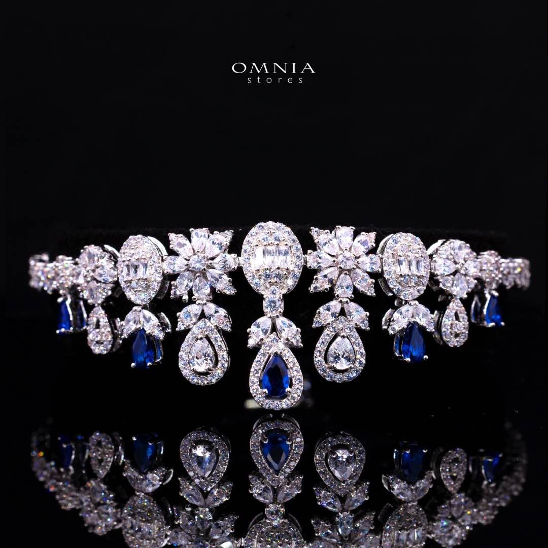 Omnia Trisha Blue Bridal Full Set Accessories in High Quality Zircon Stone Rhodium Plated