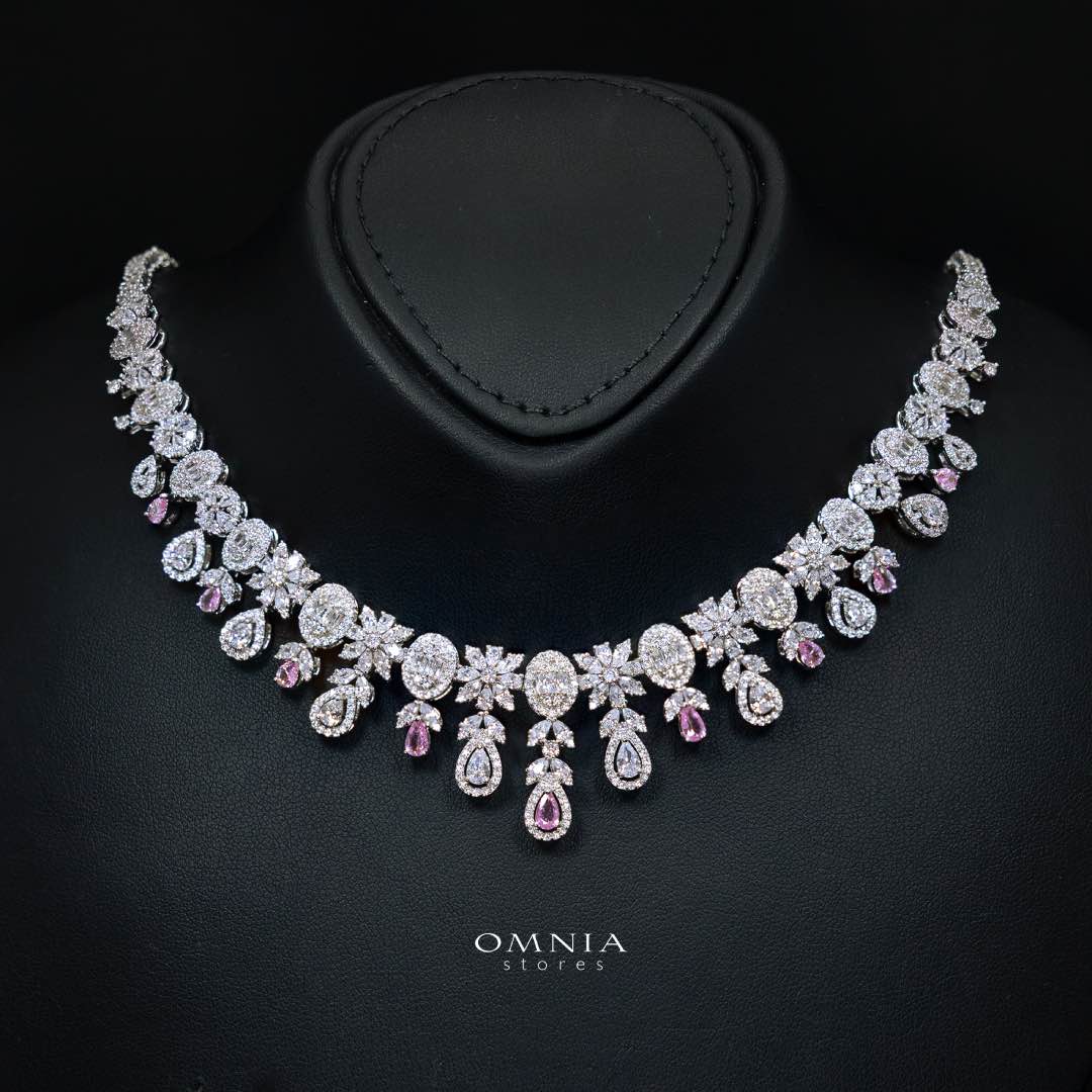 Omnia Trisha Pink Full set Accessories in High Quality Zircon Stone in Rhodium Plated