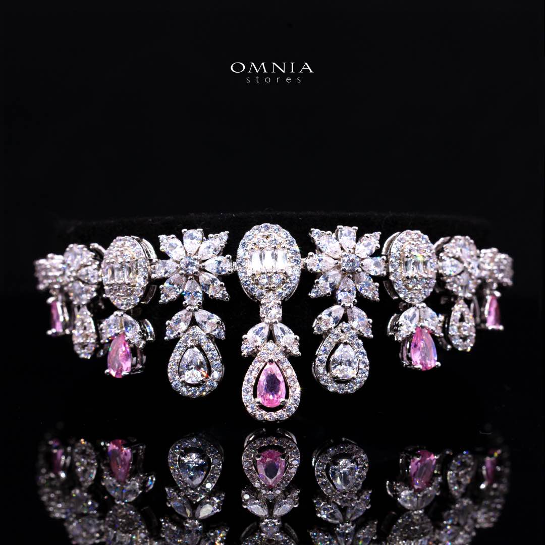 Omnia Trisha Pink Full set Accessories in High Quality Zircon Stone in Rhodium Plated