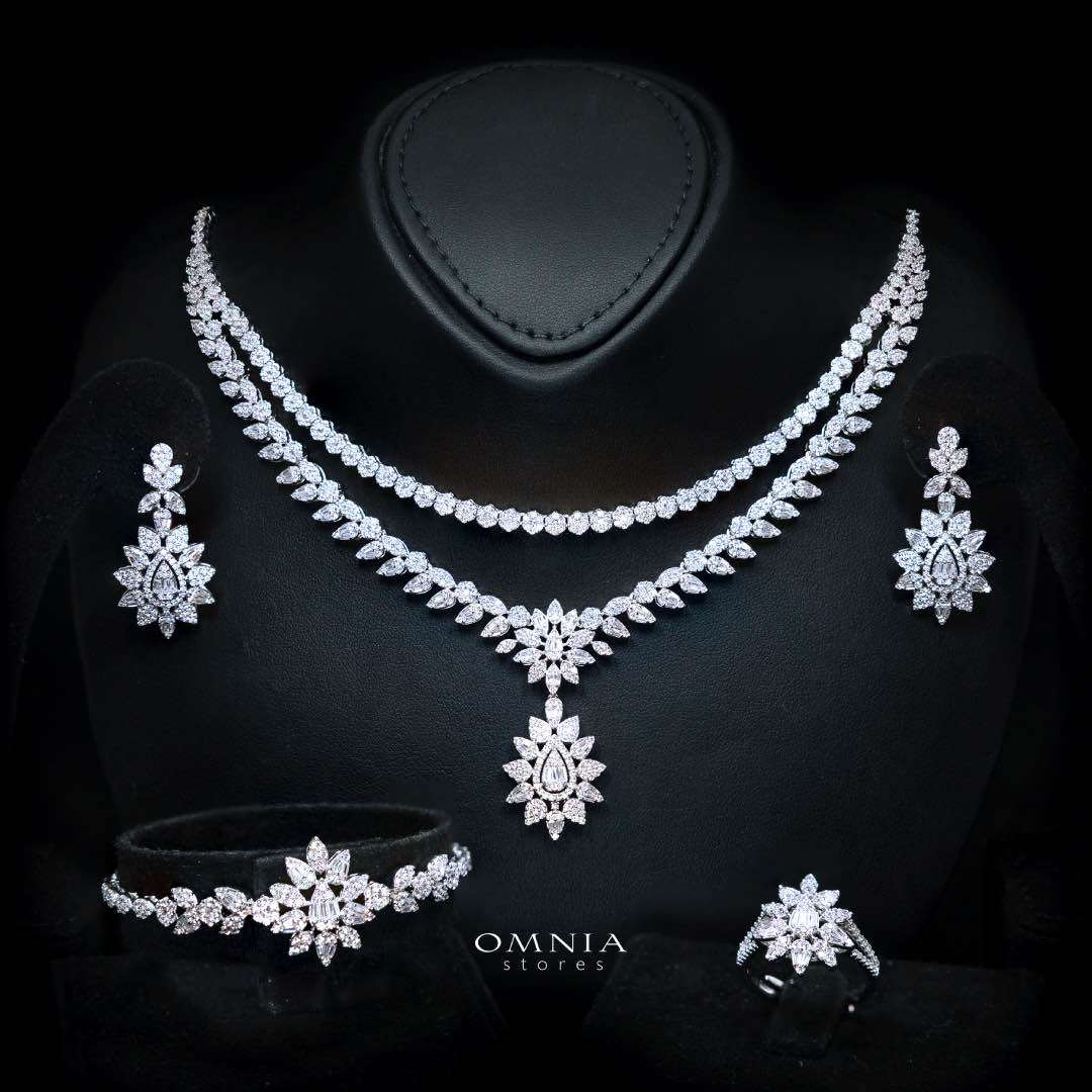 Omnia Aqsa White Luxury Bridal Full Set in High Quality Rhodium Plated Zircon Stones