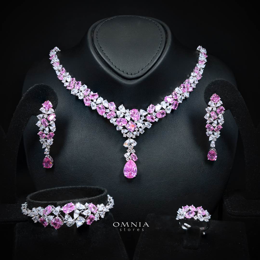 Omnia Reman Pink Full Set in High Quality Zircon Stone in Rhodium Plated