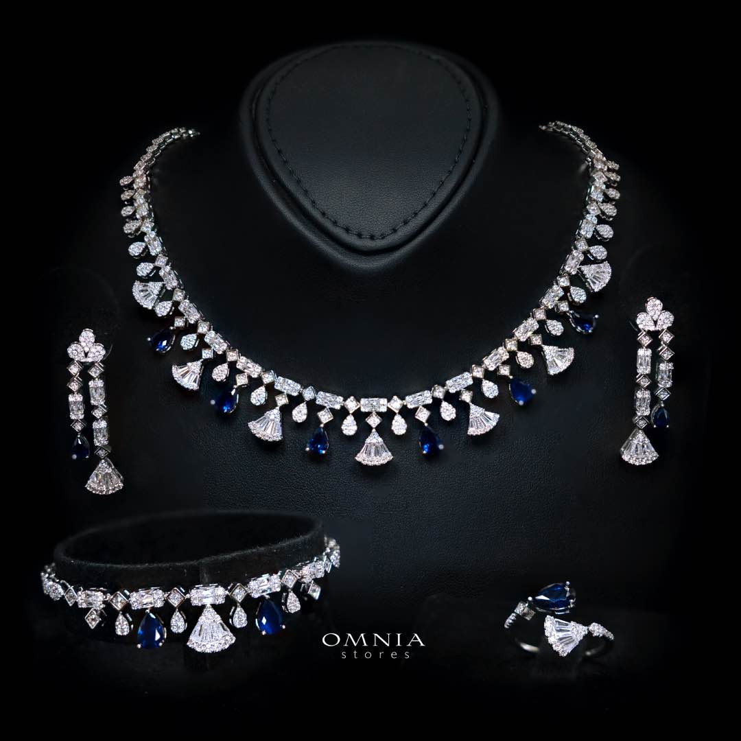 Omnia Marwa Blue Bridal Full Set in High Quality Zircon Stone Rhodium Plated( only available in ksa)