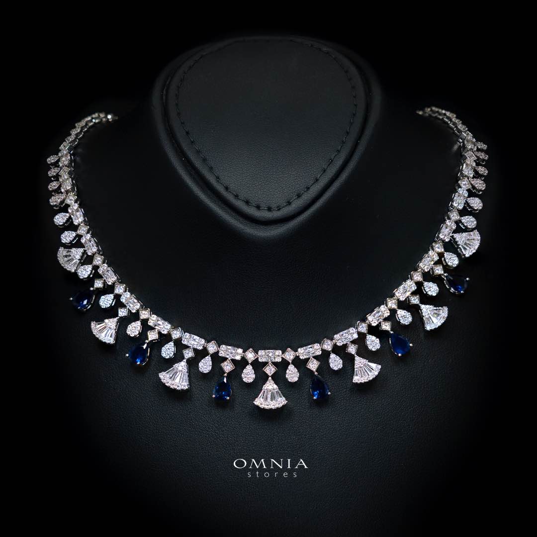 Omnia Marwa Blue Bridal Full Set in High Quality Zircon Stone Rhodium Plated( only available in ksa)
