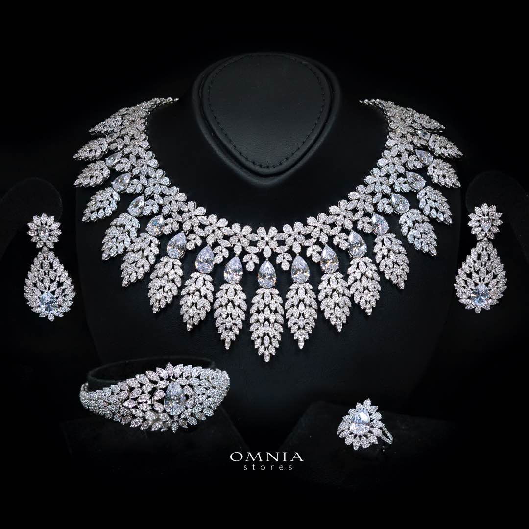Omnia Asrar White Bridal Full Set in High Quality Zircon Stone Rhodium Plated(16cm only available in KSA)