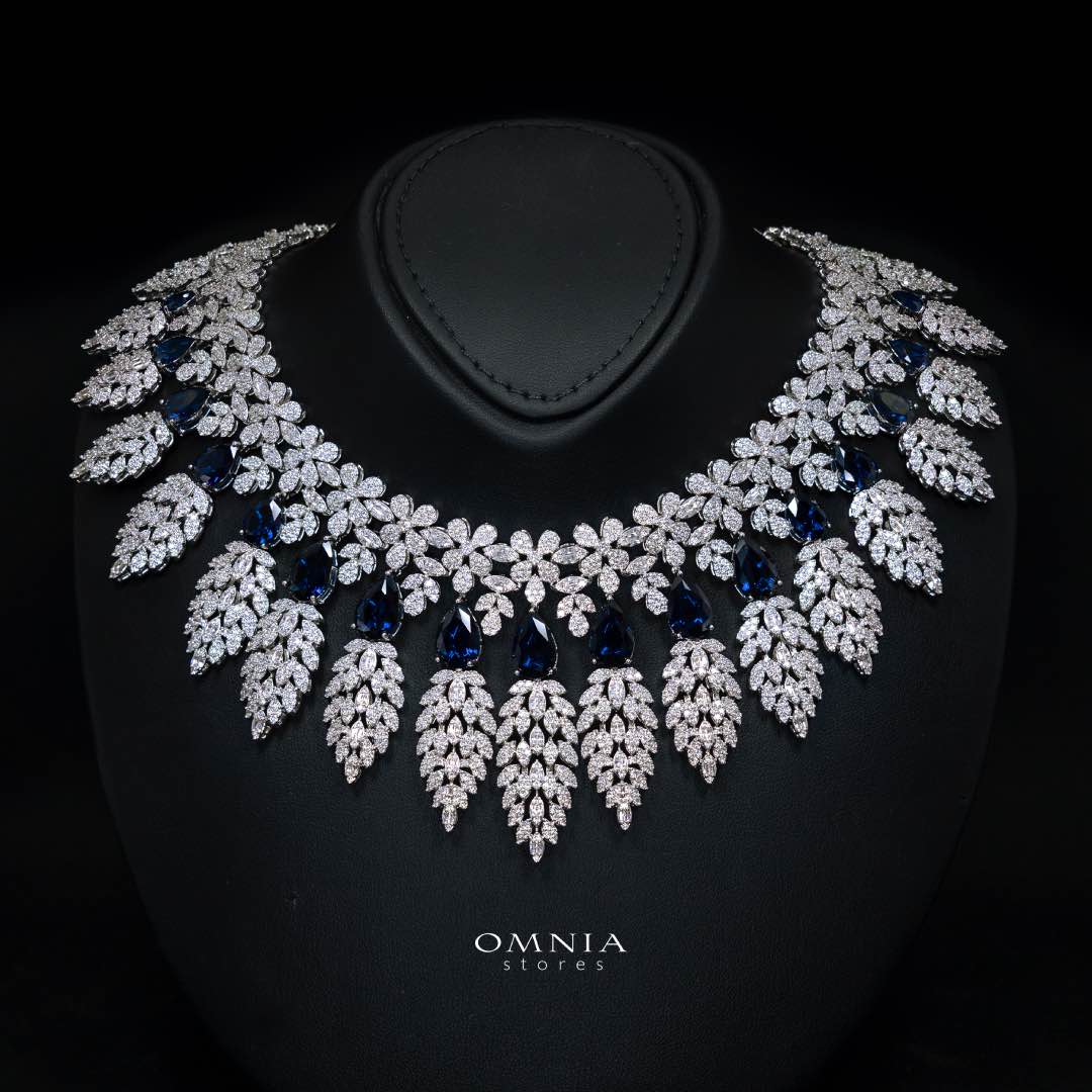Omnia Asrar Blue Bridal Full Set in High Quality Zircon Stone Rhodium Plated