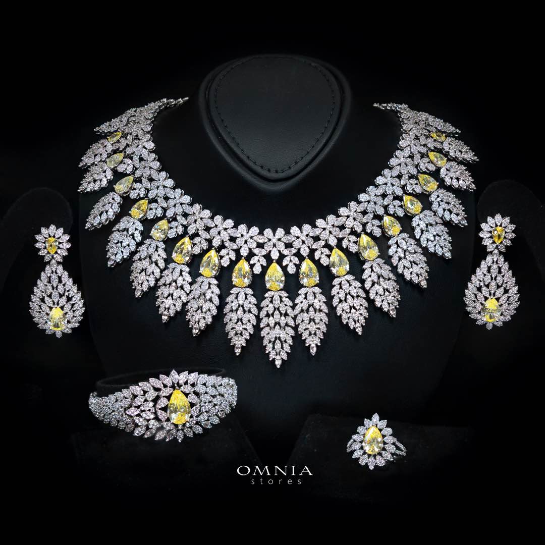 Omnia Asrar Yellow Bridal Full Set in High Quality Zircon Stone Rhodium Plated