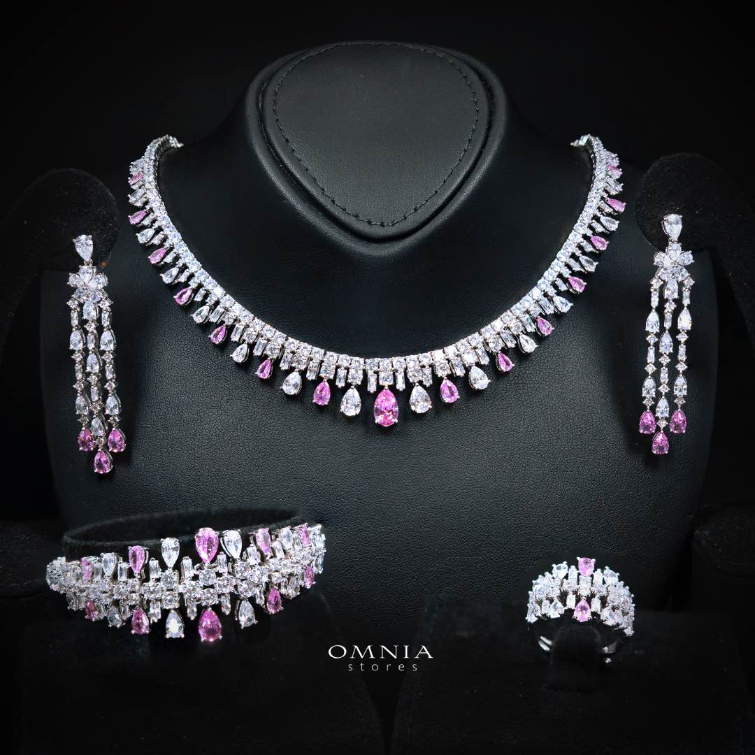 Omnia Nisrine Pink Bridal Full Set in High Quality Zircon Stone in Rhodium Plated