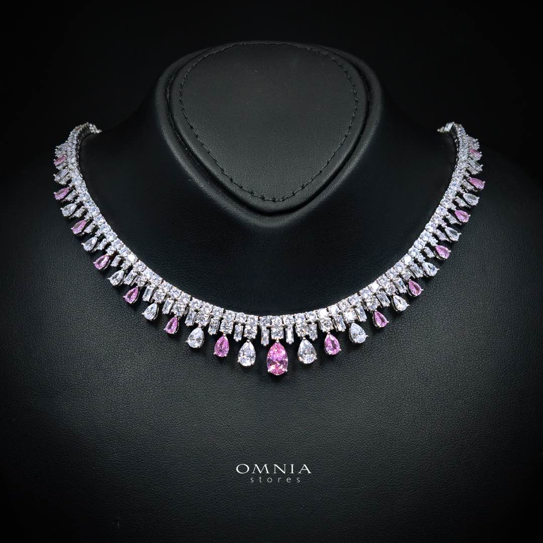 Omnia Nisrine Pink Bridal Full Set in High Quality Zircon Stone in Rhodium Plated