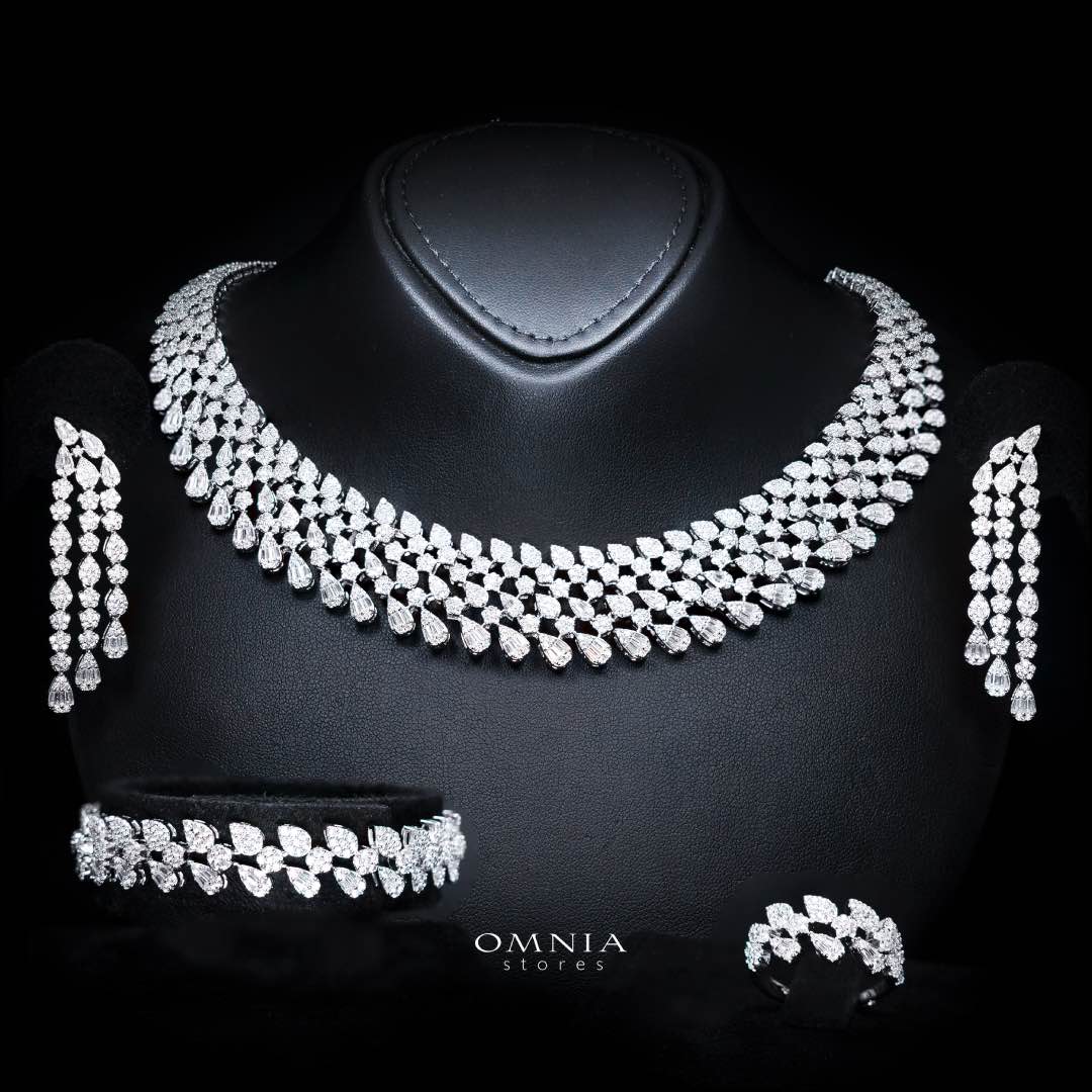 Omnia Amirat White Bridal Full Set in High Quality Zircon Stone in Rhodium Plated