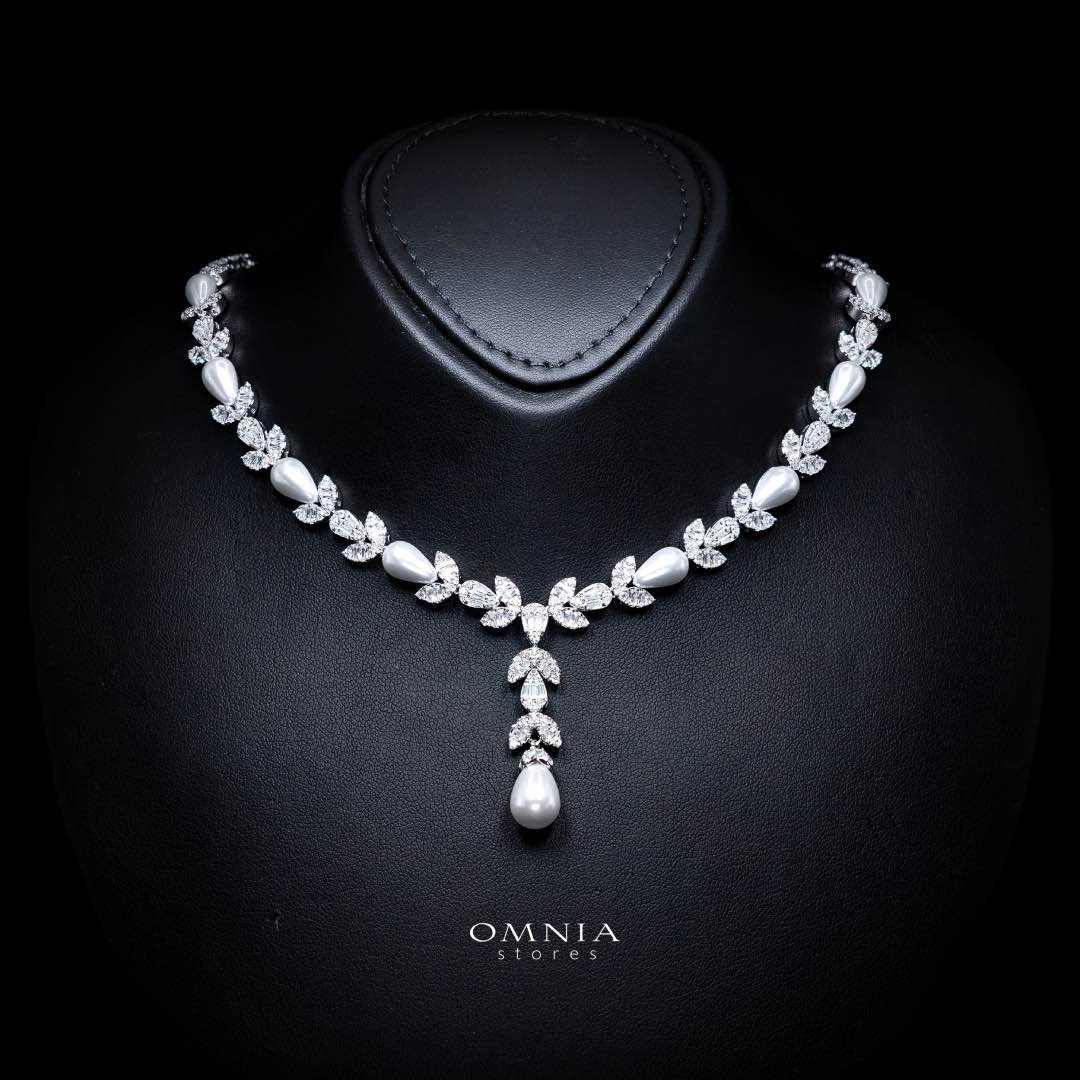 Omnia Shamsa White Pearl Luxury Bridal Full Set in High Quality Rhodium Plated Zircon Stones
