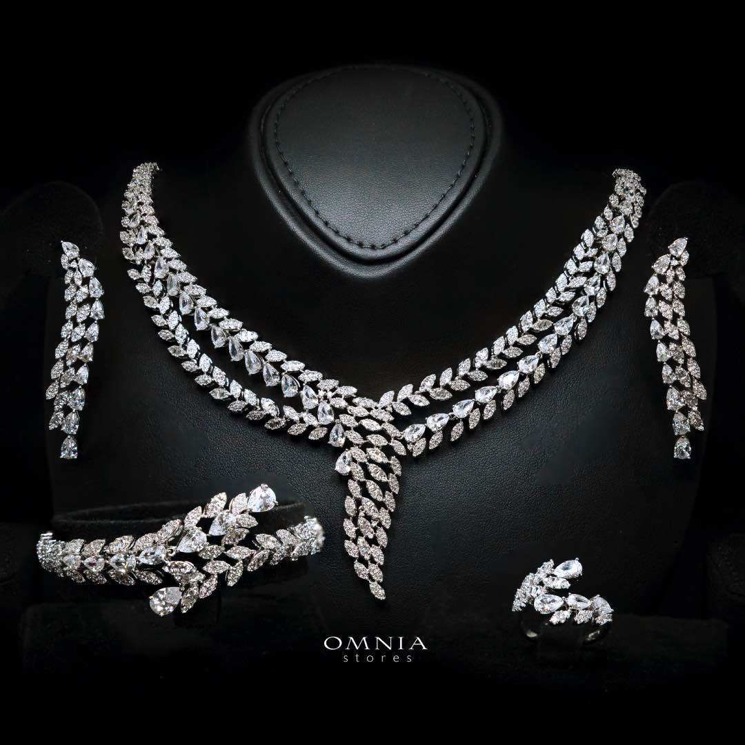 Omnia Yasira Leaf-Design White Luxury Bridal Full Set in High Quality Zircon Stone Rhodium Plated