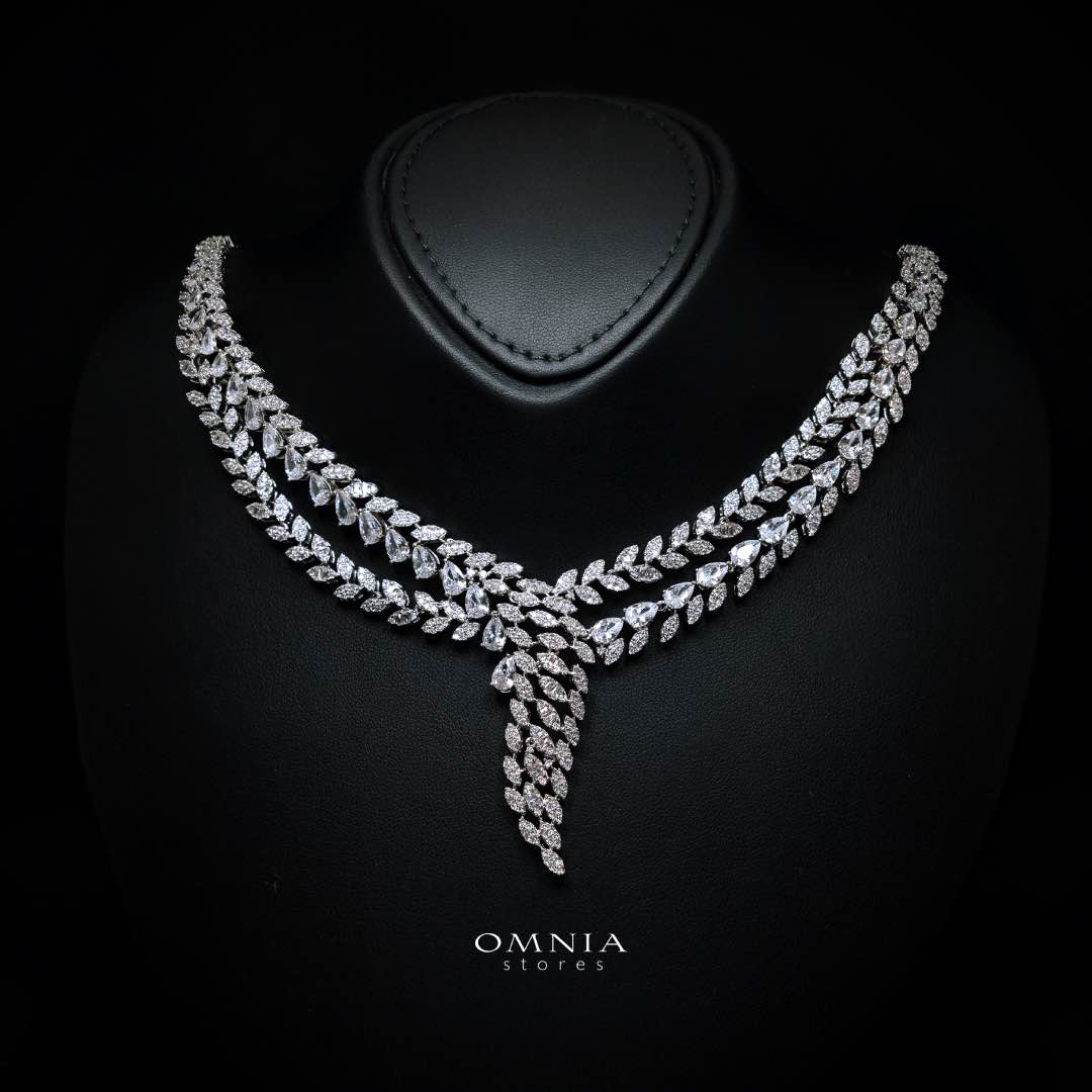 Omnia Yasira Leaf-Design White Luxury Bridal Full Set in High Quality Zircon Stone Rhodium Plated