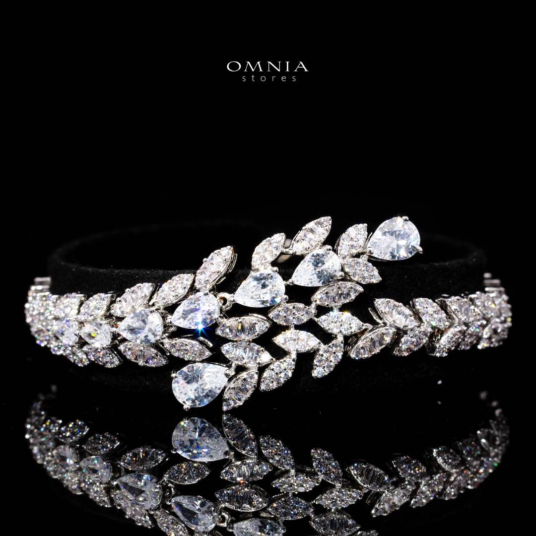 Omnia Yasira Leaf-Design White Luxury Bridal Full Set in High Quality Zircon Stone Rhodium Plated