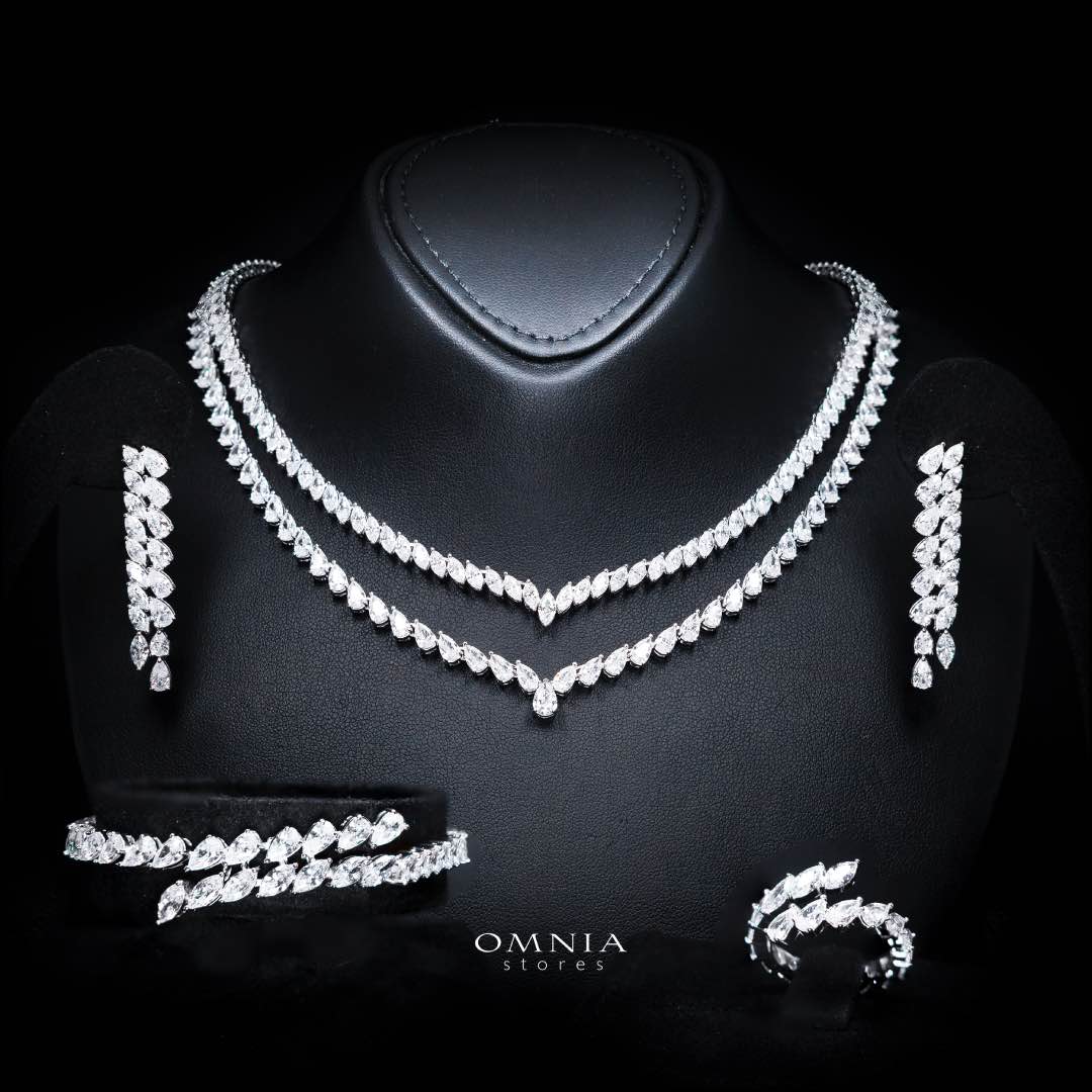 Omnia Nourhane White Double Layer Bridal Full Set in High Quality Zircon Stone in Rhodium Plated