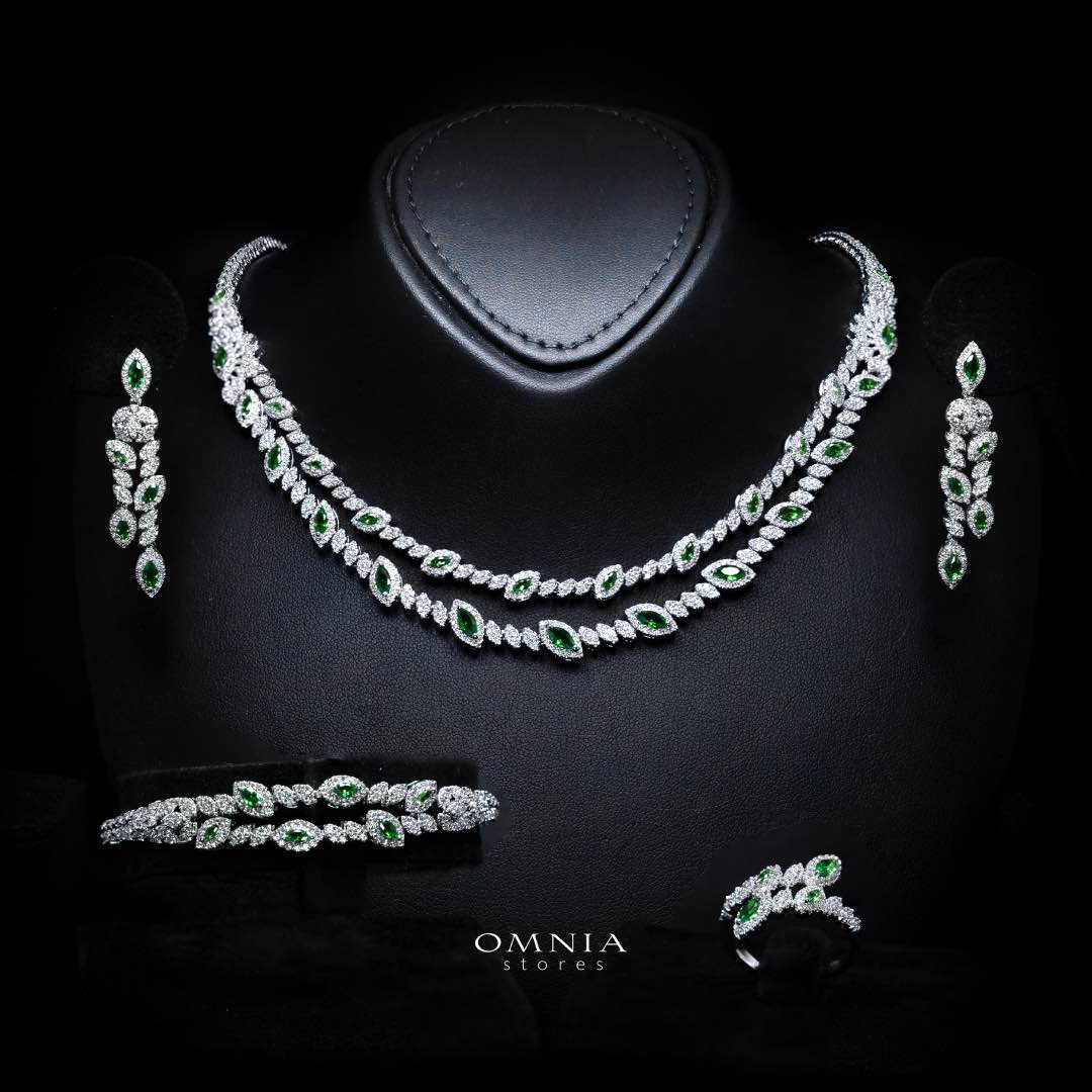 Omnia Nada Green Bridal Full Set Accessories in High Quality Zircon Stone Rhodium Plated