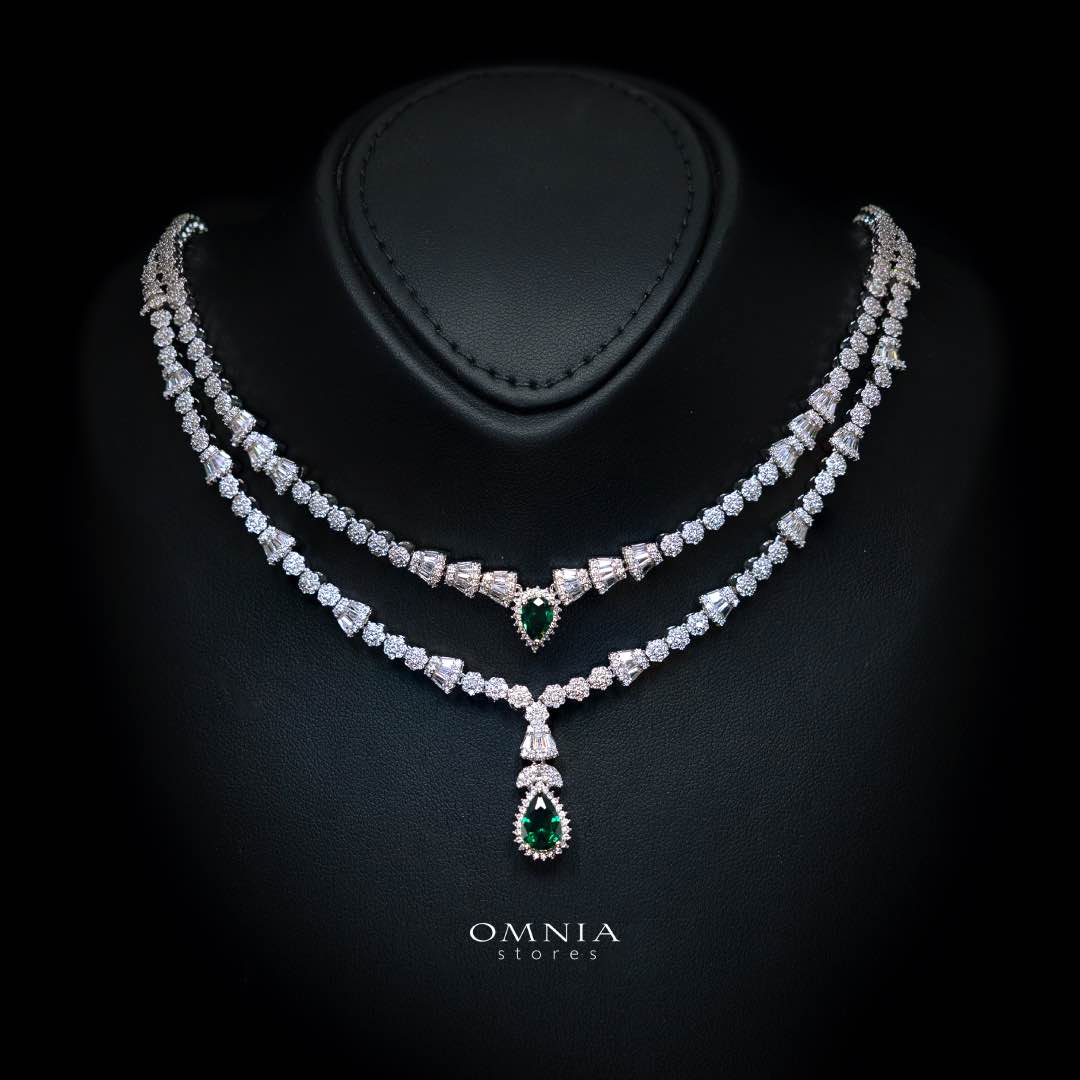 Omnia Ethereal Green Drop-Down Pear Shape Full Set in Rhodium Plated