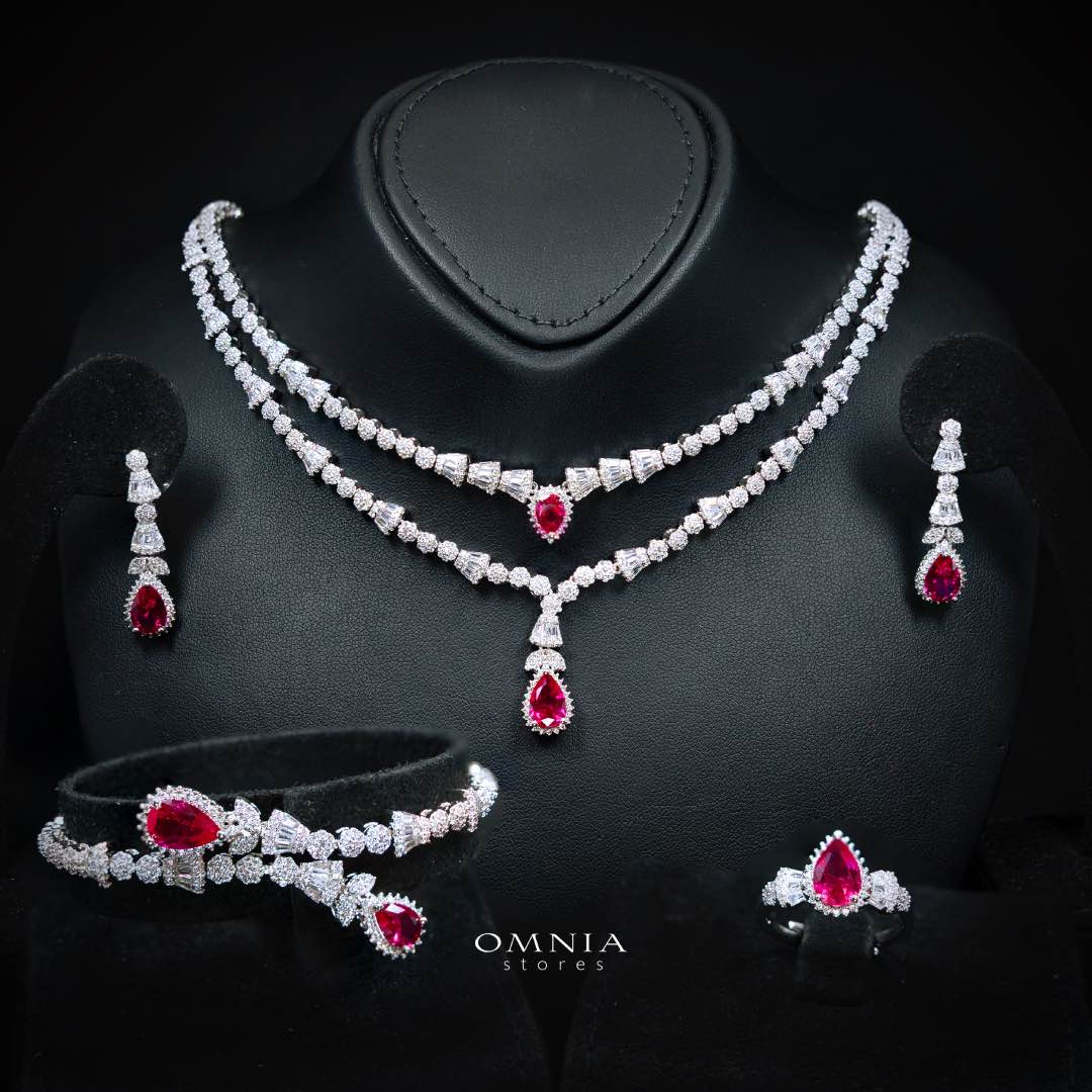 طقم Omnia Ethereal Red Drop الفاخر للعروس كامل، مطلي بالروديوم عالي الجودة ومرصع بأحجار الزركون