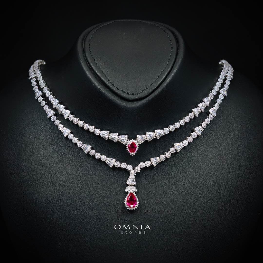 طقم Omnia Ethereal Red Drop الفاخر للعروس كامل، مطلي بالروديوم عالي الجودة ومرصع بأحجار الزركون