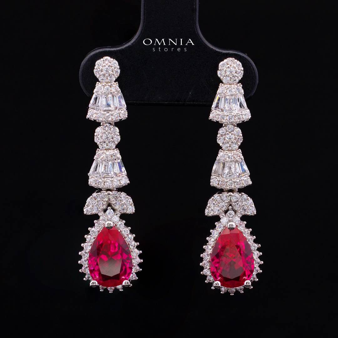طقم Omnia Ethereal Red Drop الفاخر للعروس كامل، مطلي بالروديوم عالي الجودة ومرصع بأحجار الزركون