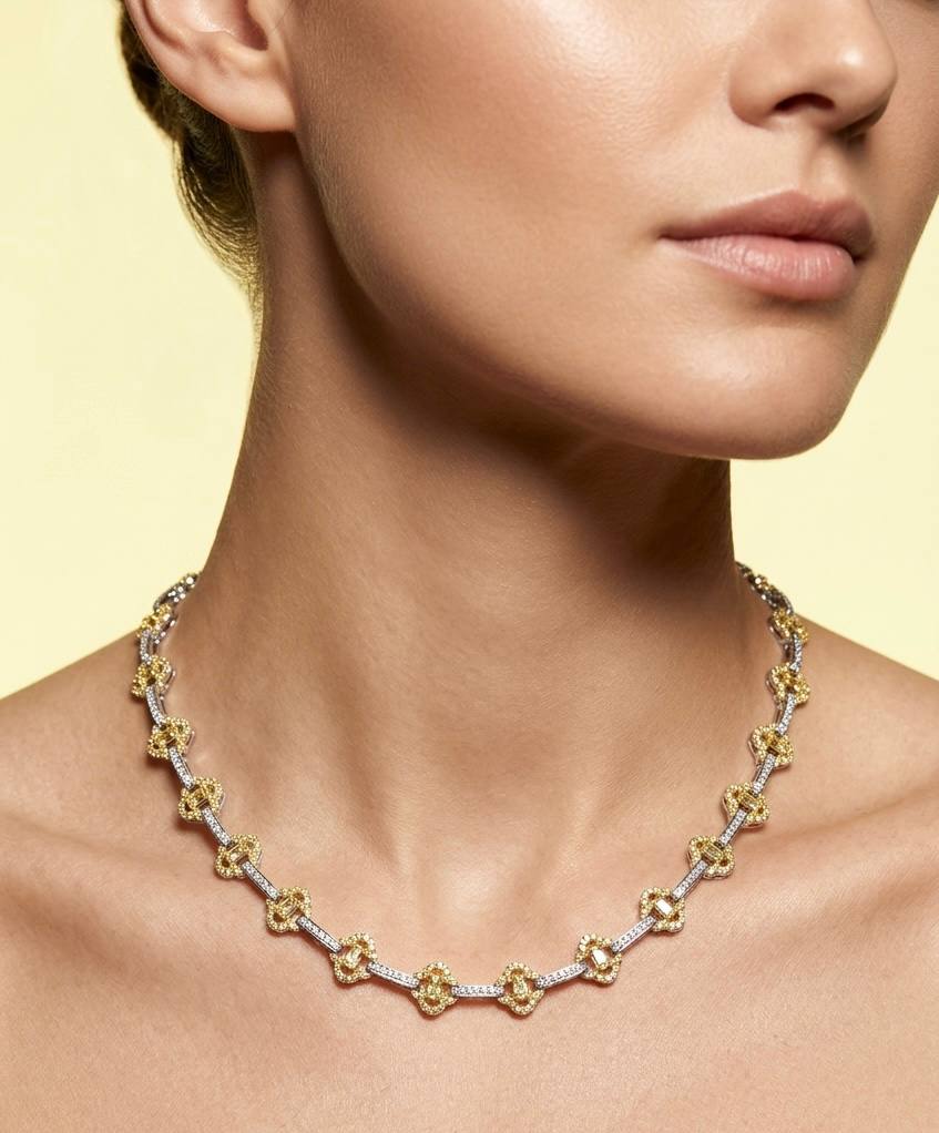 Omnia Amna Gold and White Necklace in 925 Silver High Quality Simulated Diamonds