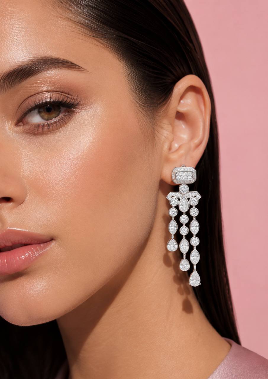 Omnia Anali White Drop Earrings With High Quality Simulated Diamonds in 925 Silver