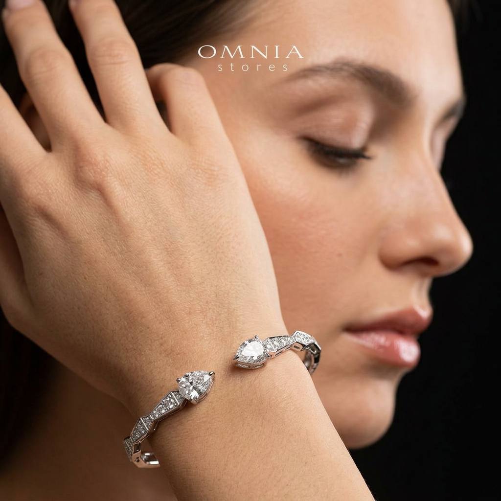 Omnia Aqeelah White Silver Bangle With High Quality Certified Lab Crafted Stones In 925 Silver