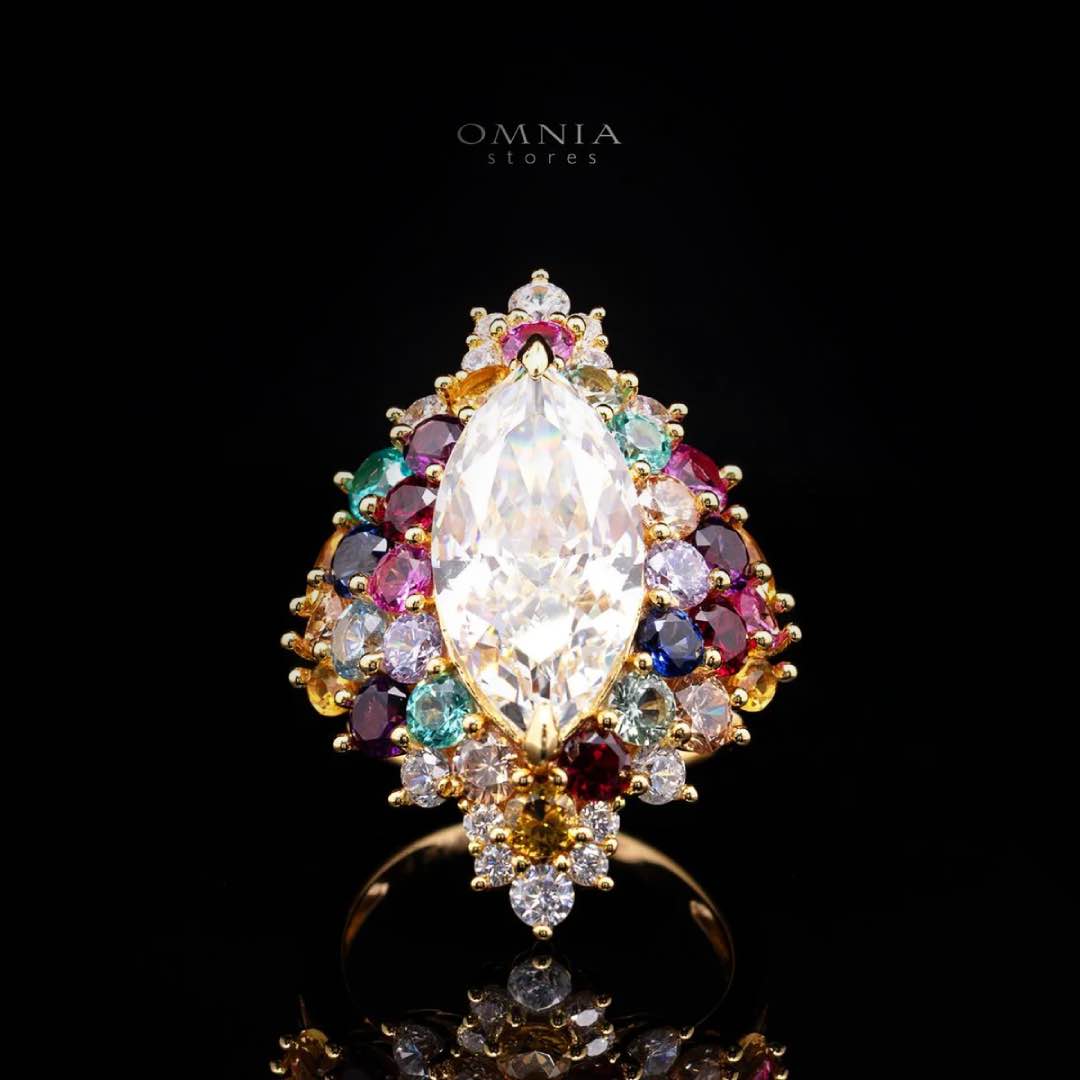 Azelene Royal Marquise Cut Ring with Simulated Diamonds, Multi-Color Crystals, and Certificate in 925 Sterling Silver