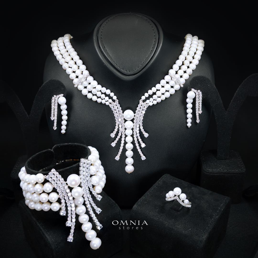 Omnia Shanina Bridal Full Set Designed with Freshwater Real Pearls and High-Quality Simulated Diamonds in a Rhodium Plated Finish