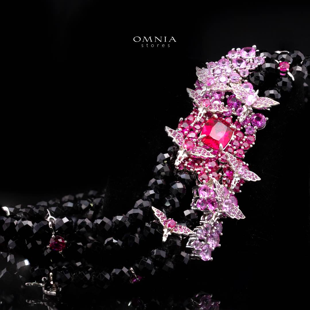 Omnia Blossom Black Beads Necklace in 925 Silver with High Quality Simulated Diamonds