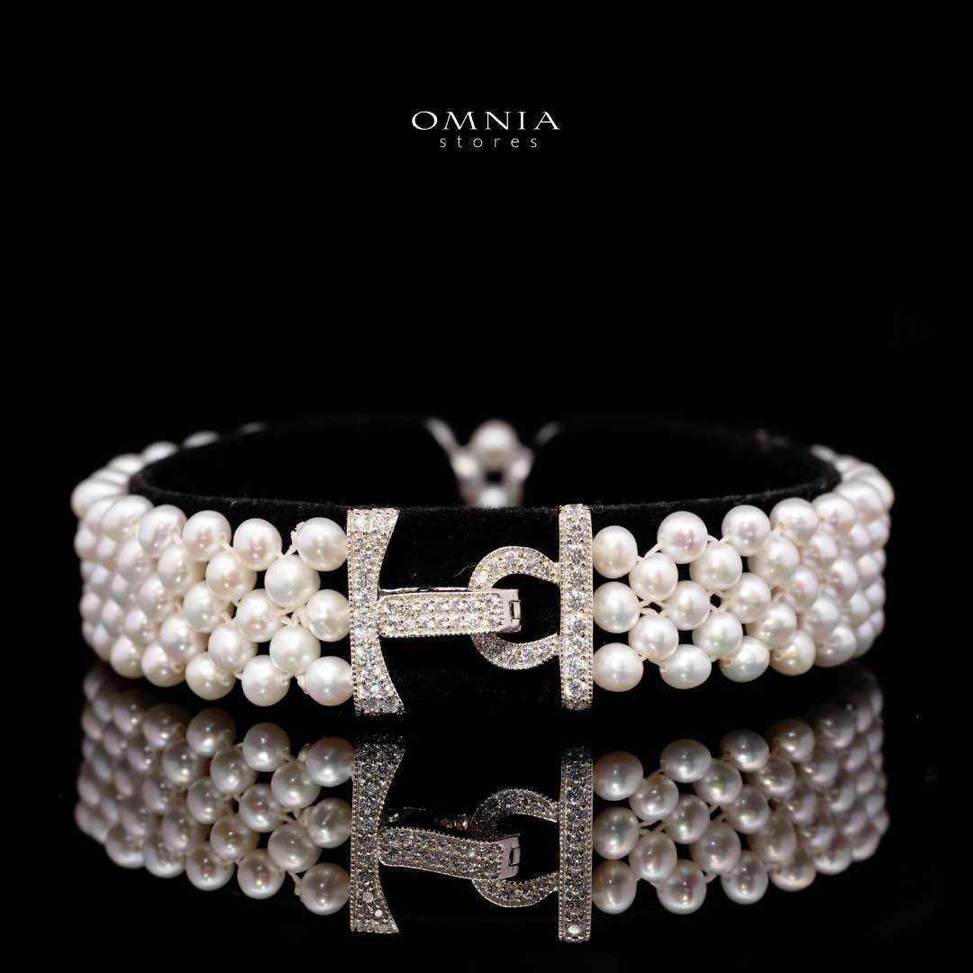 Omnia Alice Fresh Water Pearl Necklace and Bracelet Set with 925 Silver High Quality Simulated Diamonds Stones