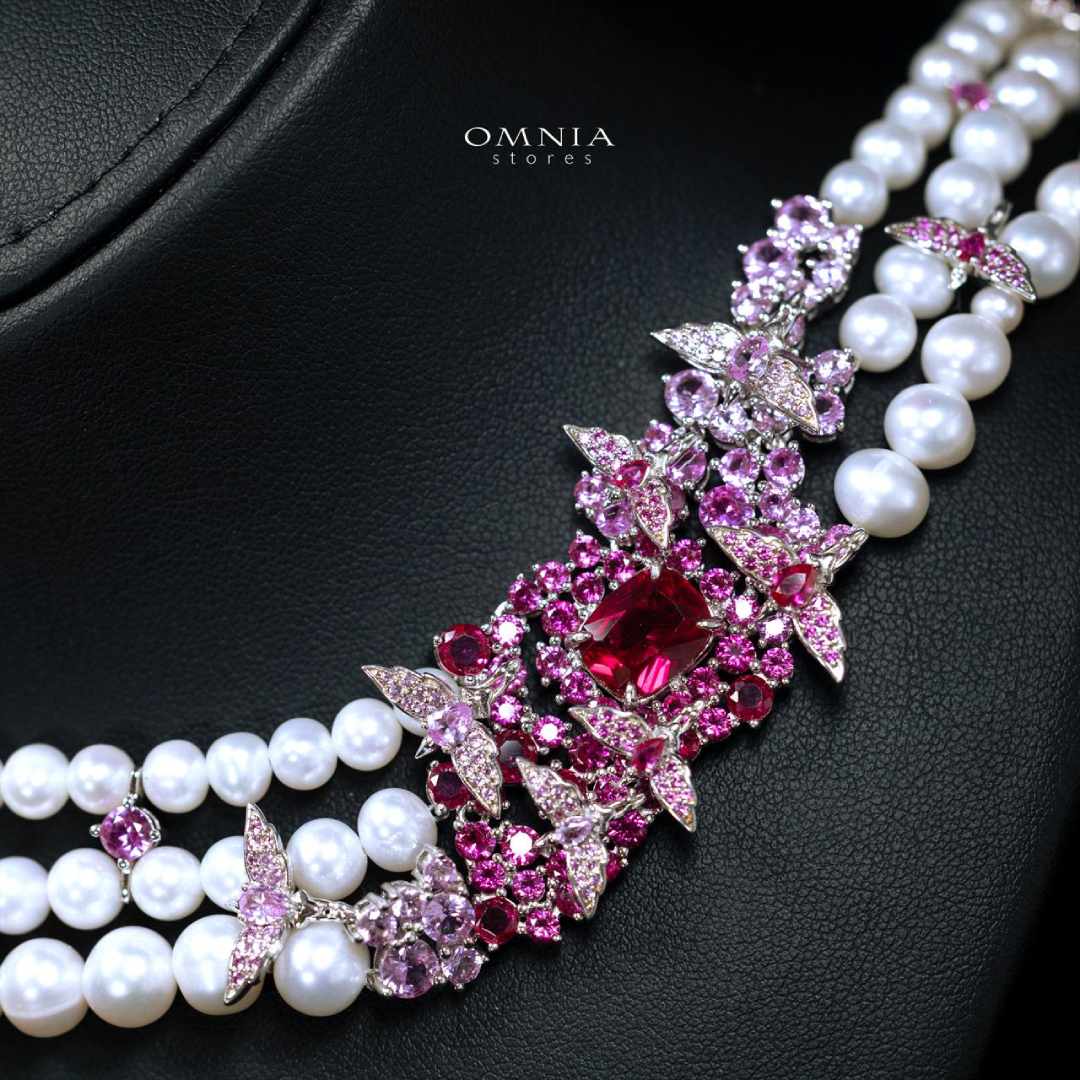Omnia Blossom Pearl Necklace in 925 Silver with High Quality Simulated Diamonds