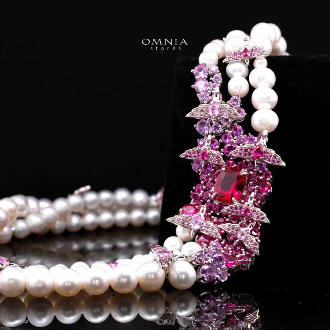 Omnia Blossom Pearl Necklace in 925 Silver with High Quality Simulated Diamonds