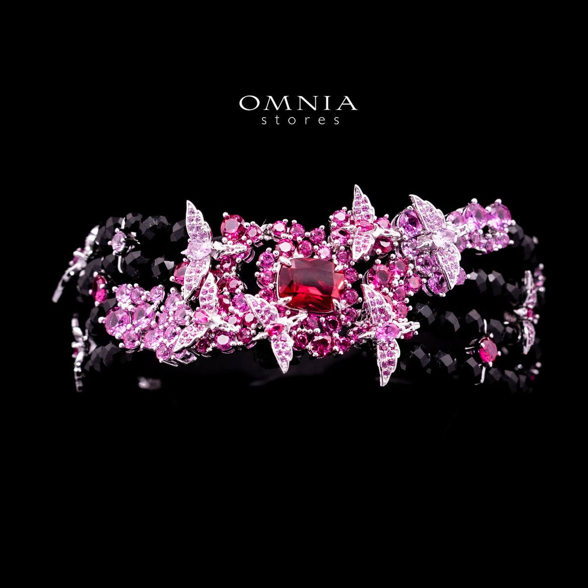 Omnia Blossom Black Beads Bracelet in 925 Silver with High Quality Simulated Diamonds