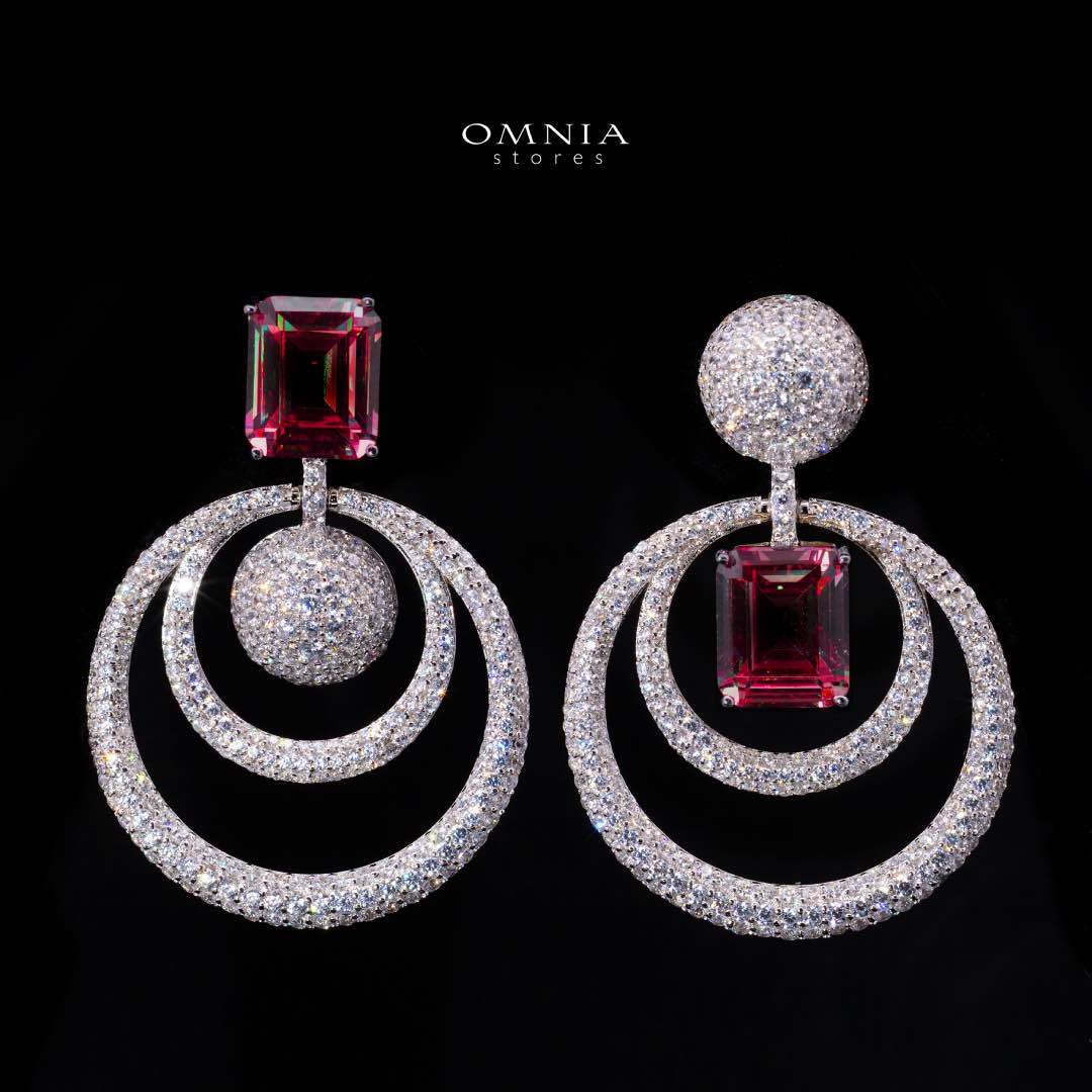Omnia Siaad Red and White Silver Drop Earrings with 925 Silver High Quality Simulated Diamonds Stones