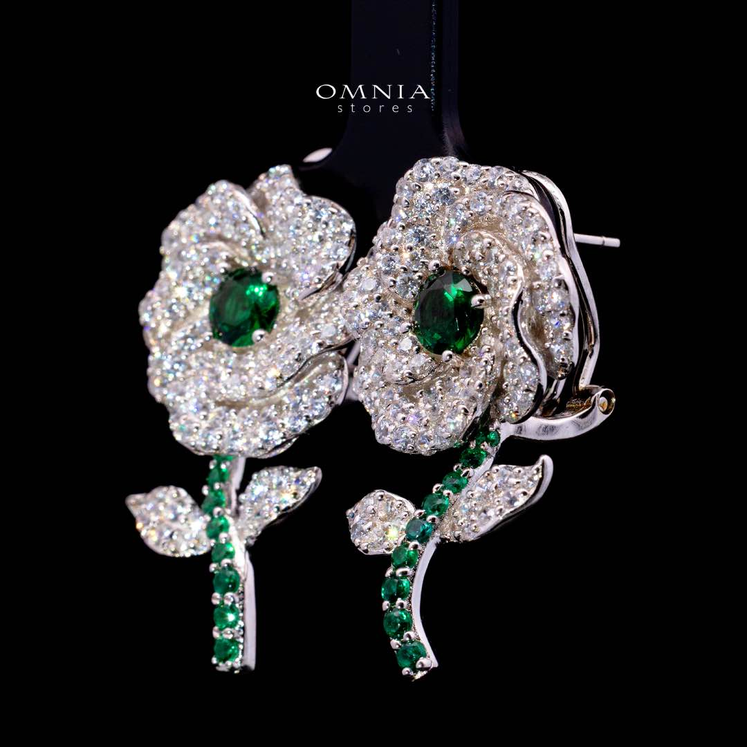 Omnia Rena White and Green Clip Earrings With High Quality Simulated Diamonds in 925 Silver