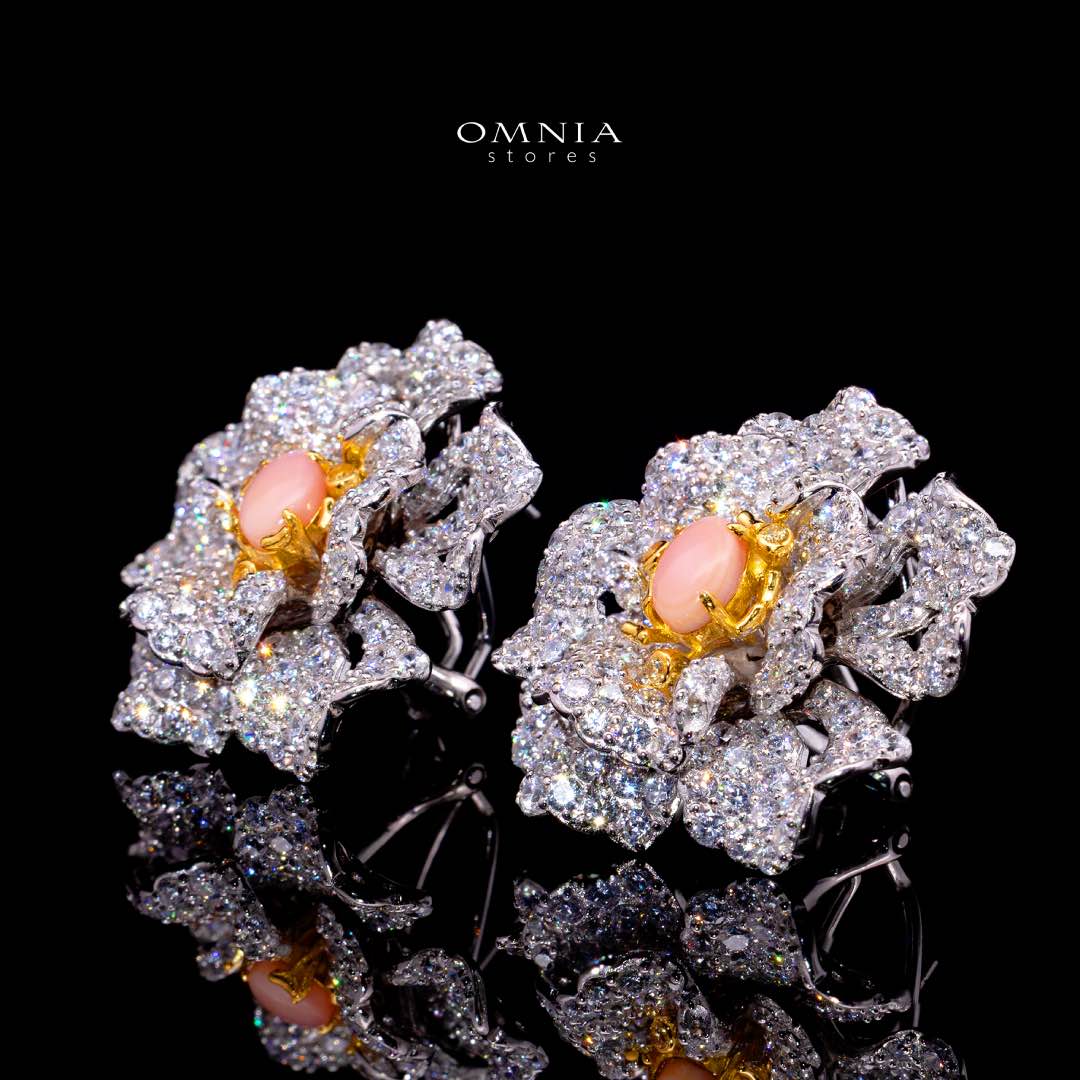 Omnia Sihab Pink Coral Flower Silver Clip Earrings in 925 Silver High Quality White Simulated Diamond Stones