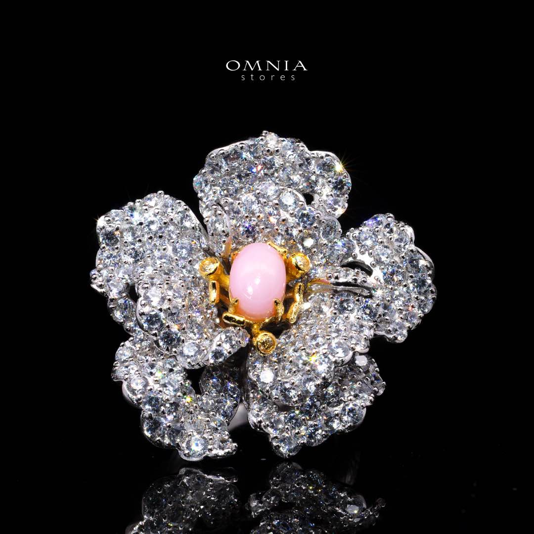 Omnia Sihab Pink Coral Flower Silver Ring in 925 Silver High Quality White Simulated Diamond Stones