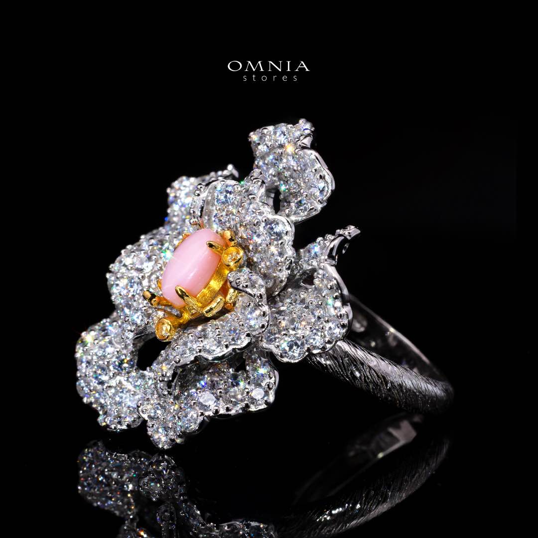 Omnia Sihab Pink Coral Flower Silver Ring in 925 Silver High Quality White Simulated Diamond Stones