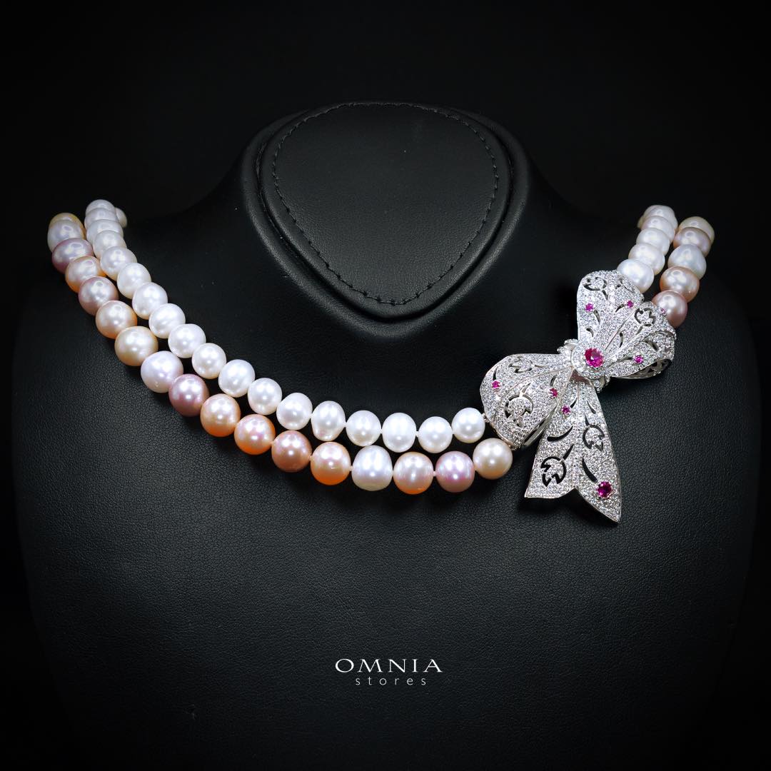 Omnia Arleth Multi-Color Real Pearl Set with Bow Accent and High-Quality Simulated Diamonds, Featuring a Double-Strand Design