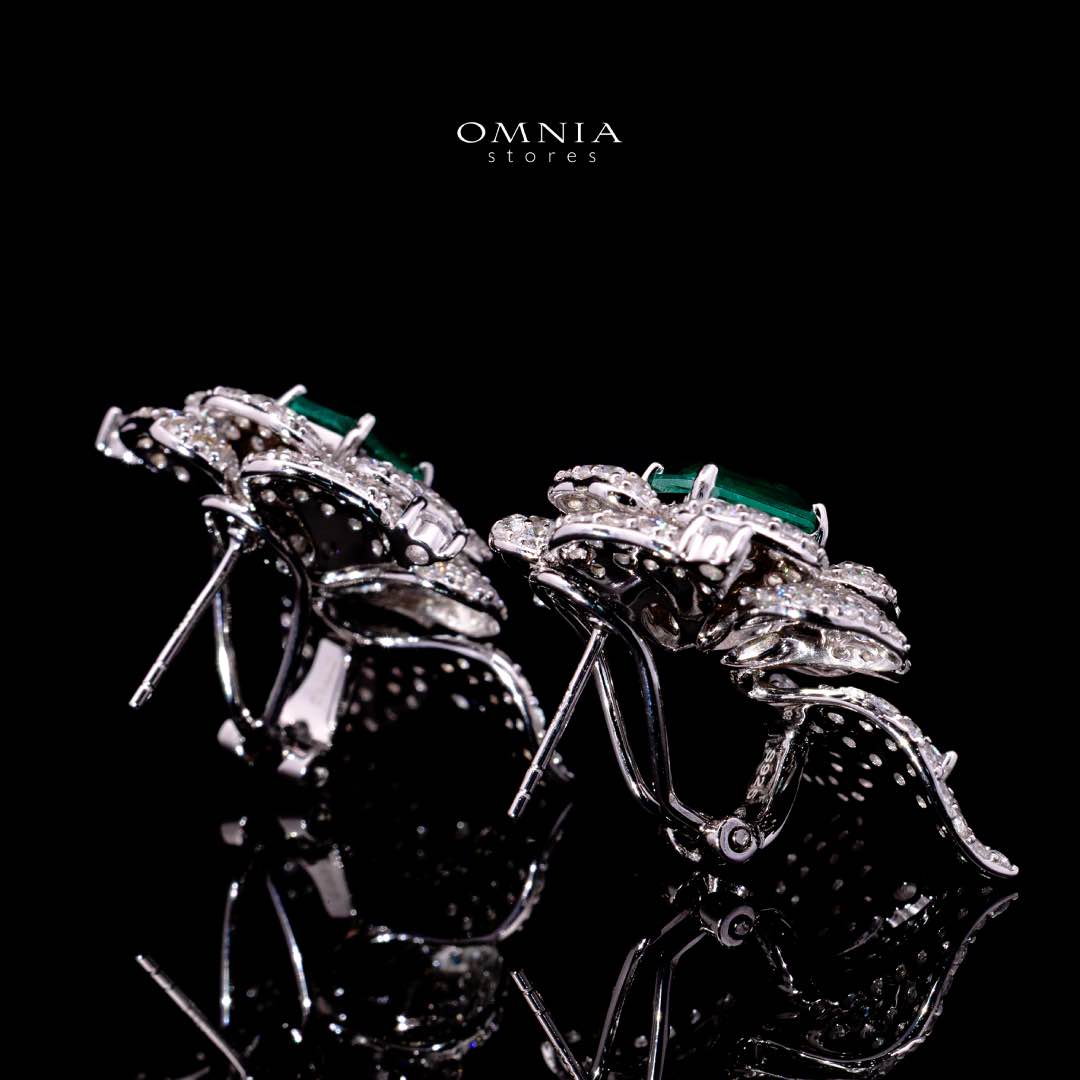 Omnia Laina White and Green Clip Earrings With High Quality Simulated Diamonds in 925 Silver