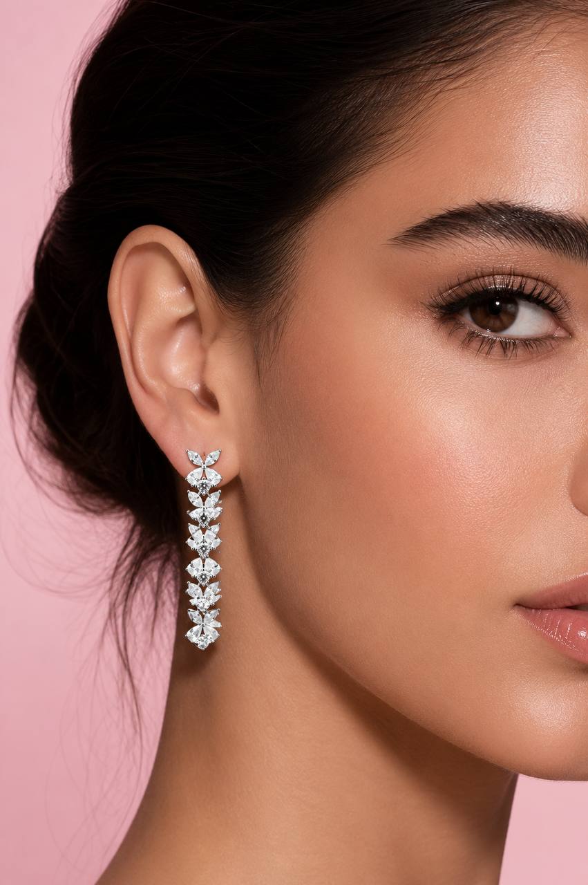 Omnia Cahira Silver Drop Earrings in 925 Silver with High-Quality White Simulated Diamonds