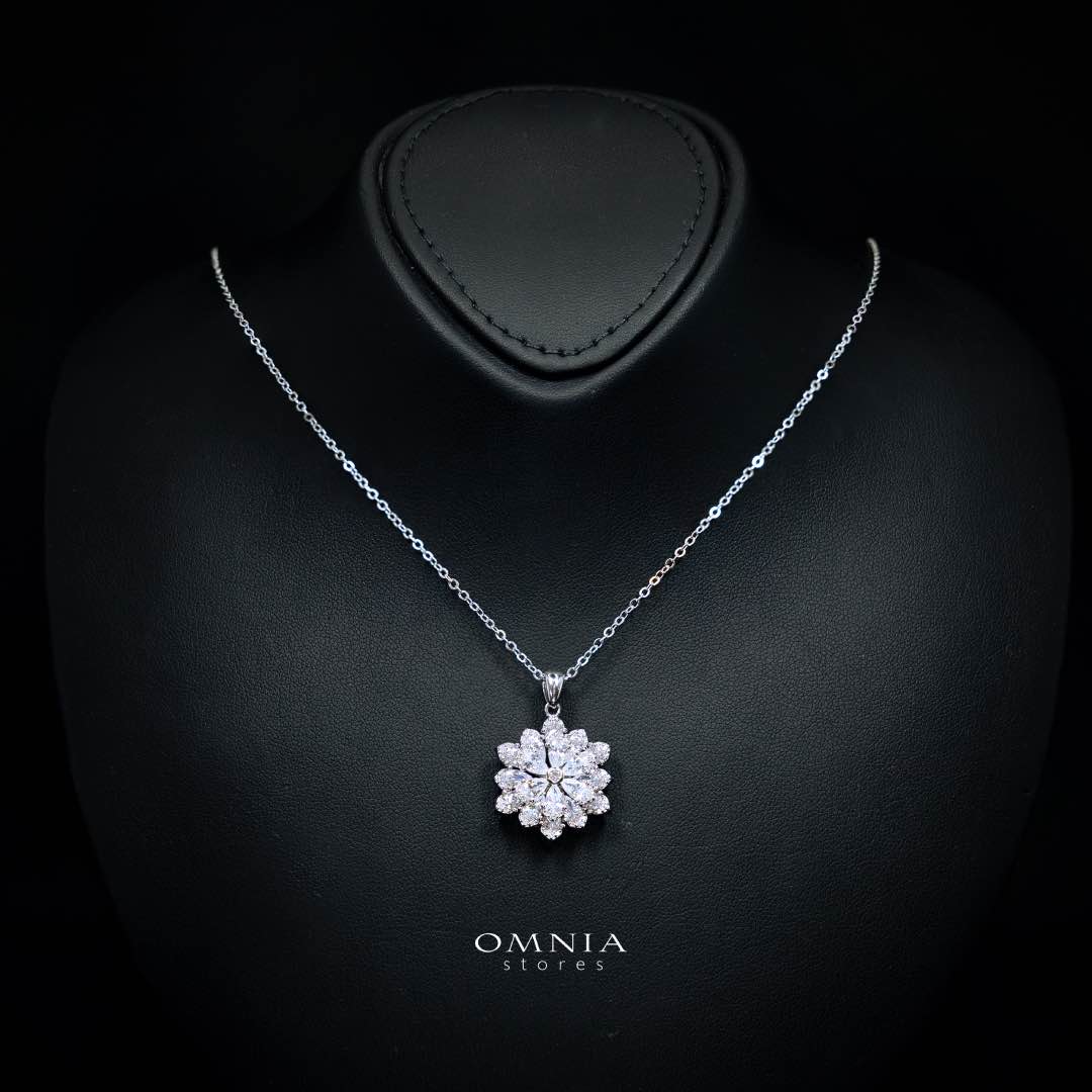 Omnia Damiyah White Floral Silver Pendant Necklace in 925 Silver with High Quality Simulated Diamonds