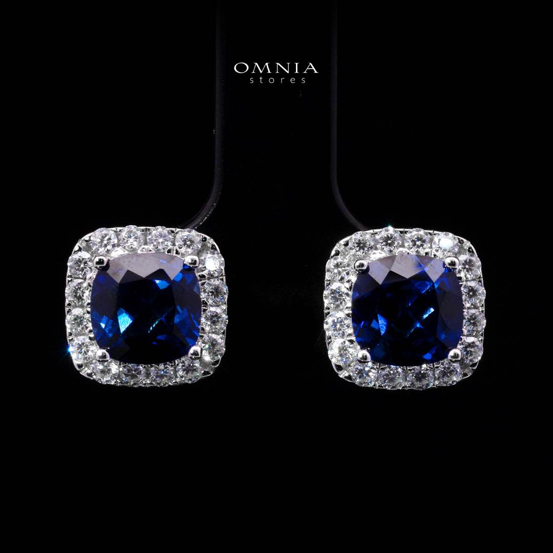 Dareema Lab Grown With GRC Certified Sapphire Blue Stones Square Stud Earrings in 925 Silver