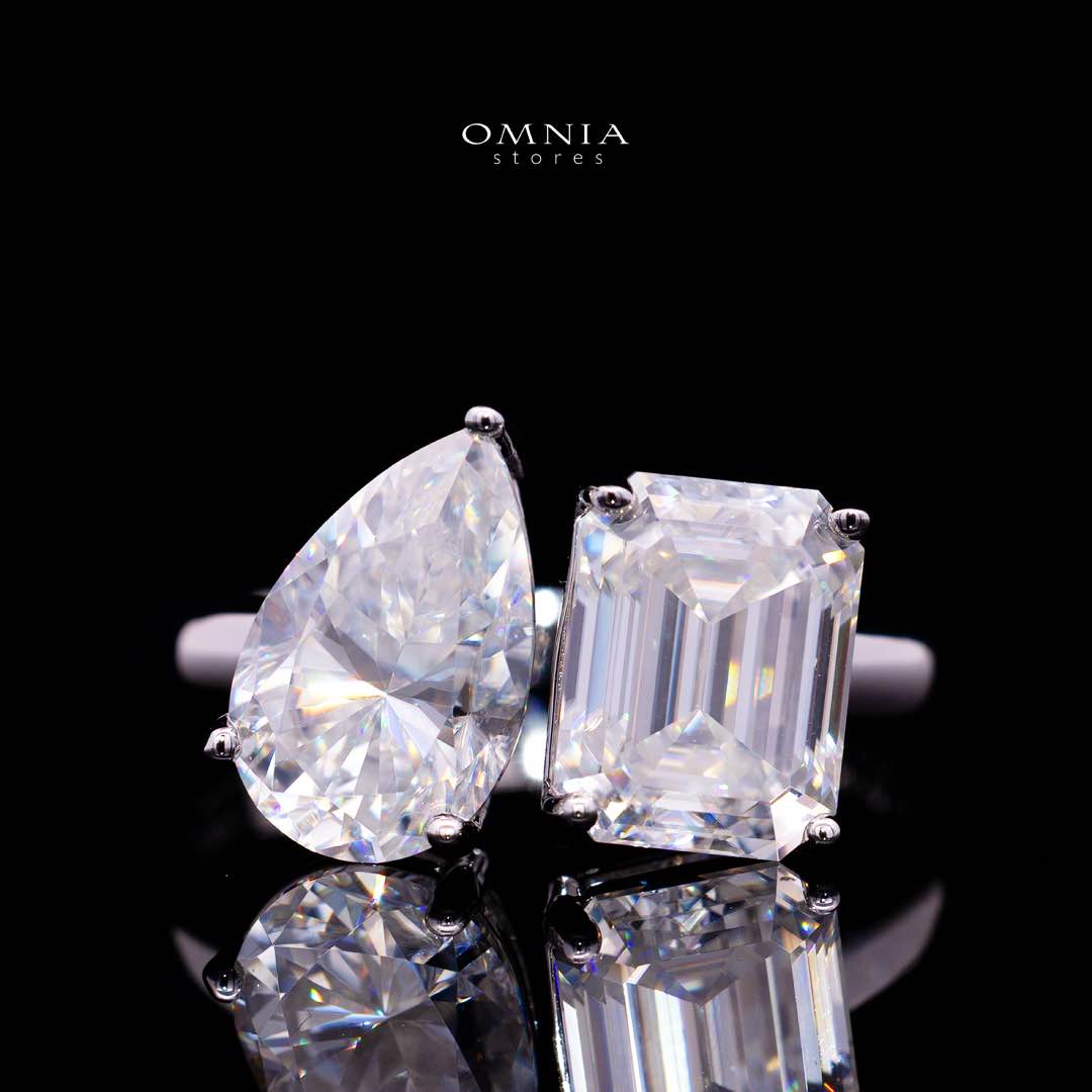Ghaliah White Pear and Radiant Cut Ring GRA Certified in High Quality 925 Silver