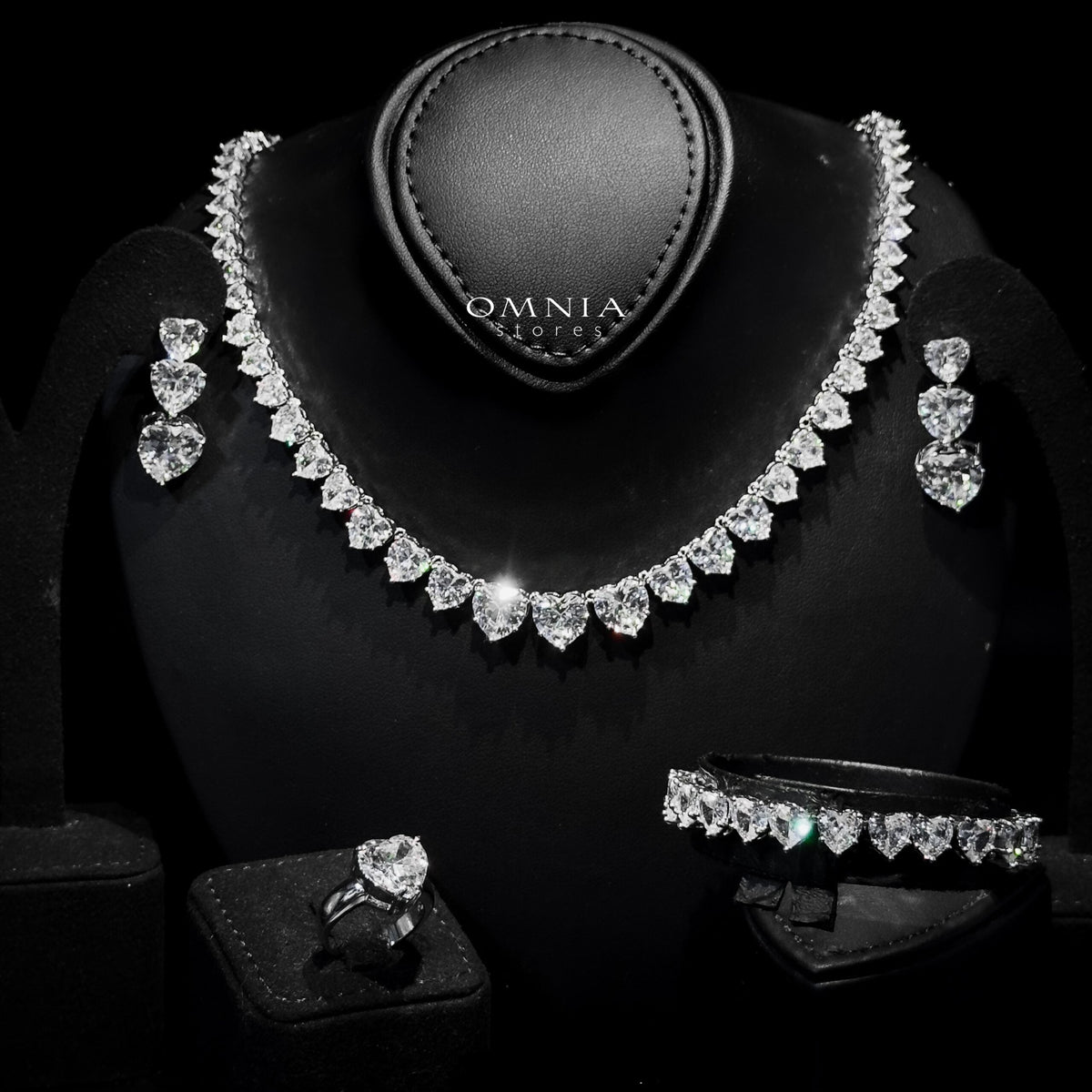 Omnia Donatella White Bridal Full Set with Heart-Cut High-Quality Simulated Diamonds Rhodium Plated - OMNIASTORES UAE