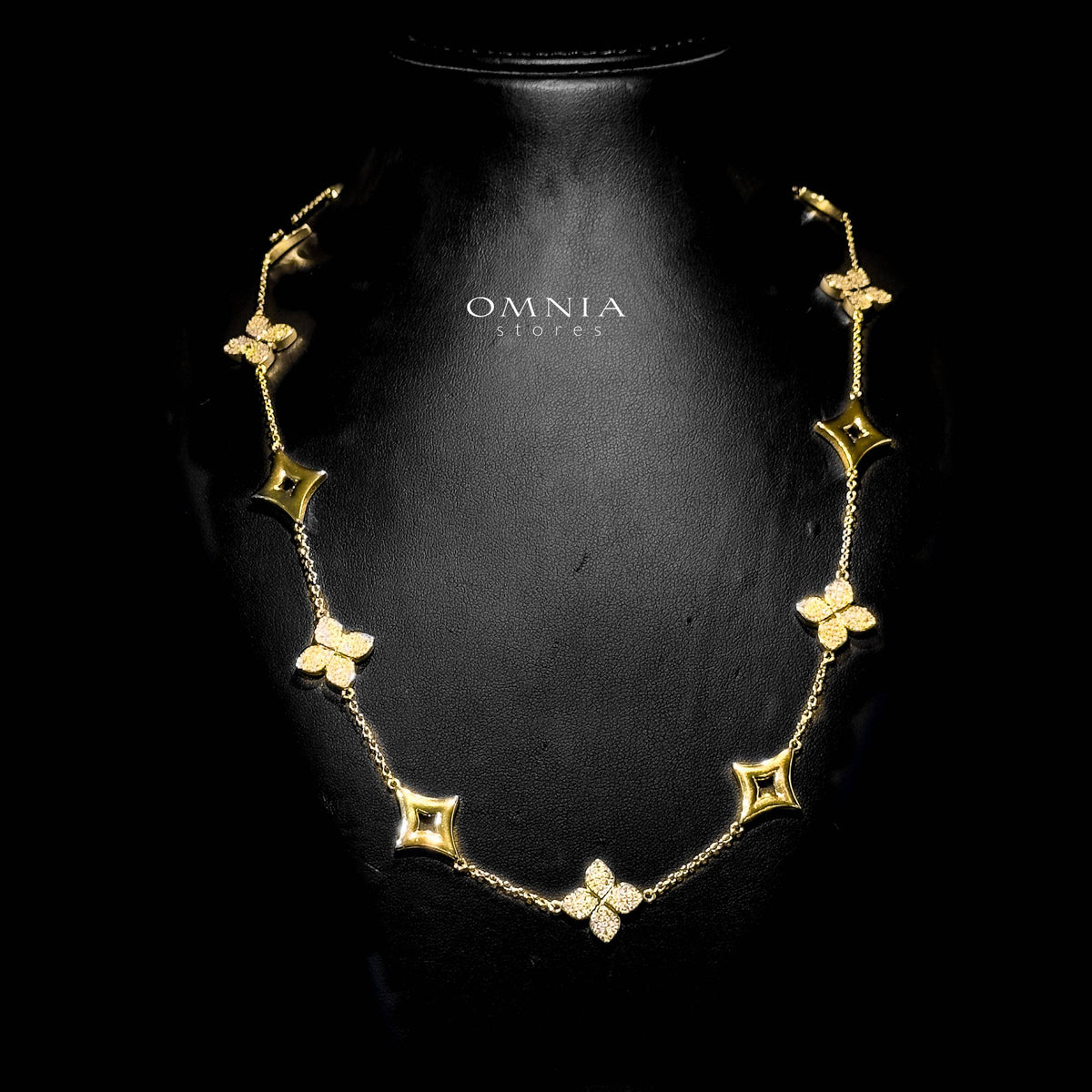 Omnia Golden Clove Long Chain in 100cm with High-Quality Simulated Diamonds Gold Plated - OMNIASTORES UAE