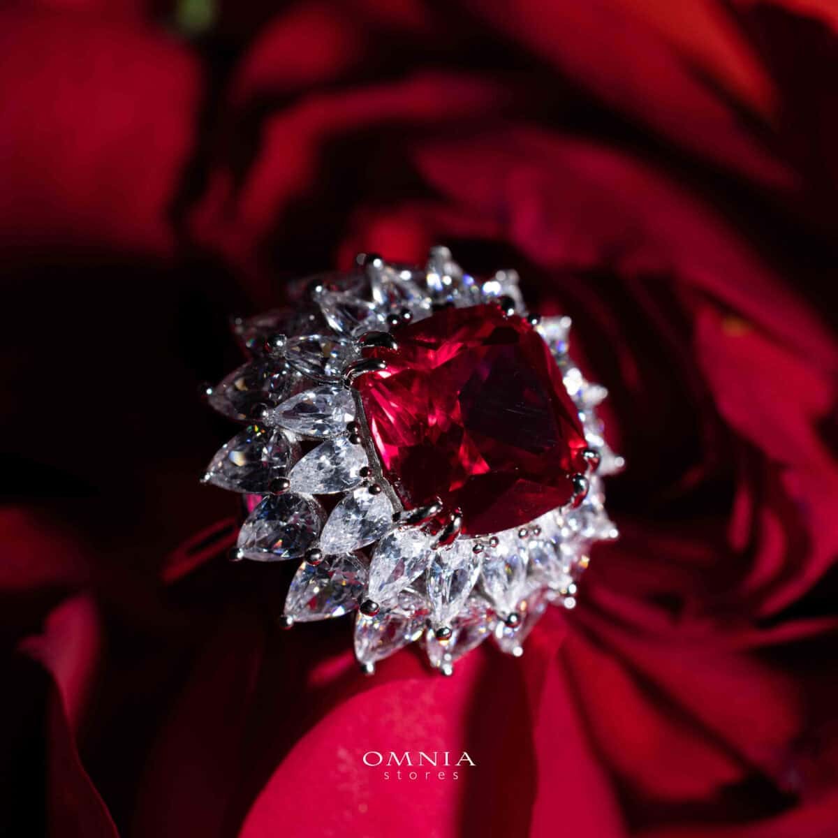 Omnia Thalia Red Ring 92.5 Silver in High Quality Simulated diamonds