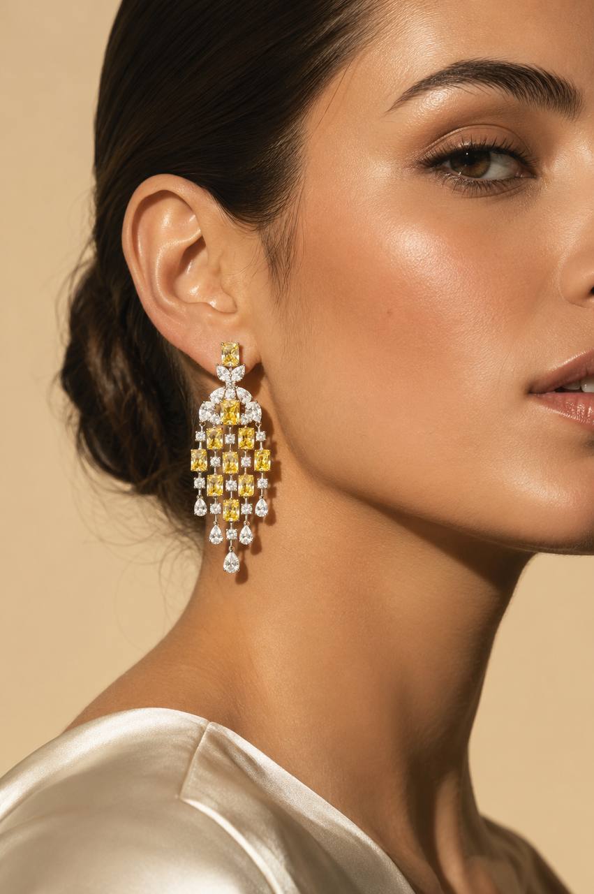 Omnia Israa Yellow Chandelier Earrings In 92.5 Silver High Quality Simulated diamonds